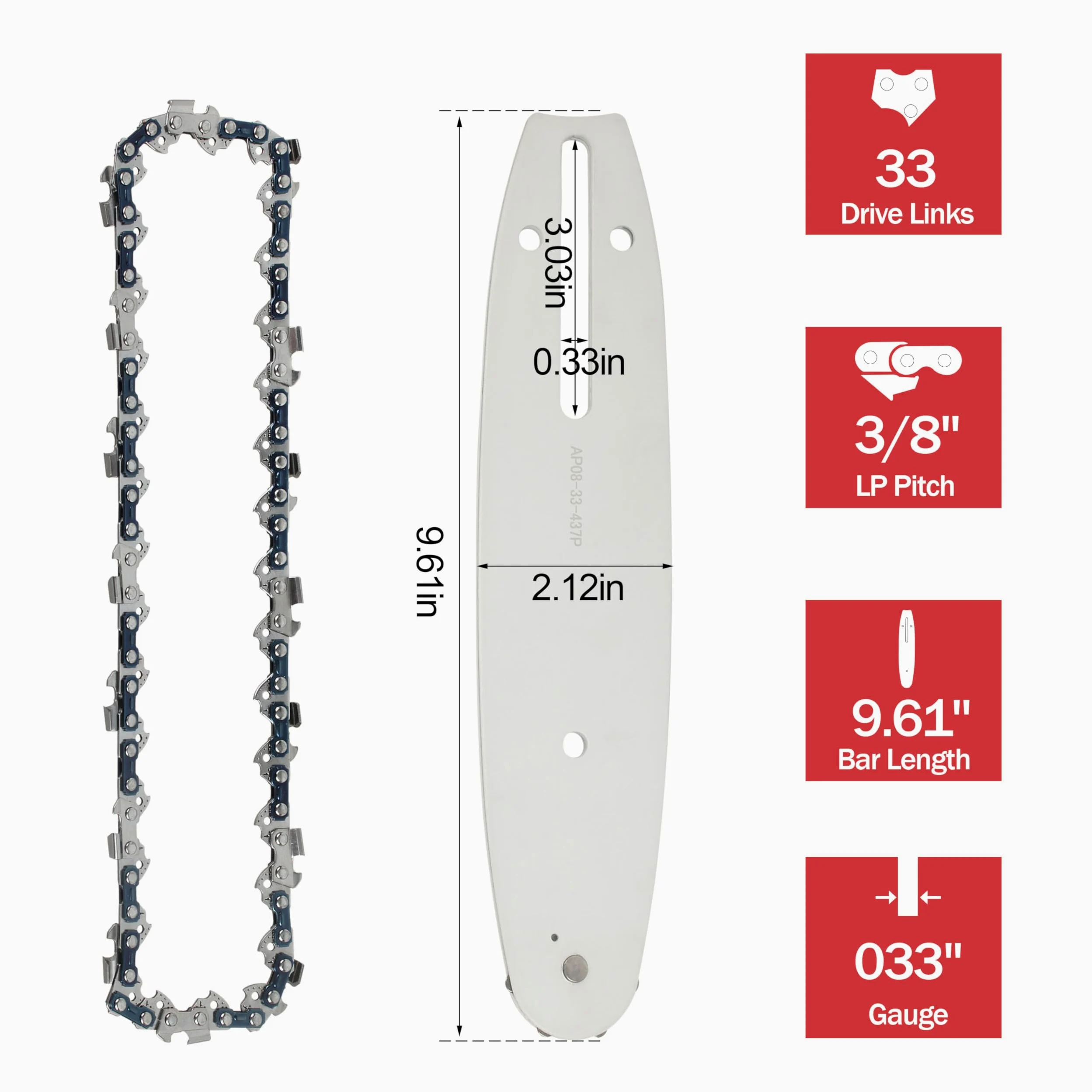 49-16-2750 Cadena de repuesto de 8 pulgadas y barra guía de sierra de podar 49-16-2751 de 8 pulgadas para sierra de podar Milwaukee 3004-20 M18 Hatchet [1 cadena + 1 barra]
