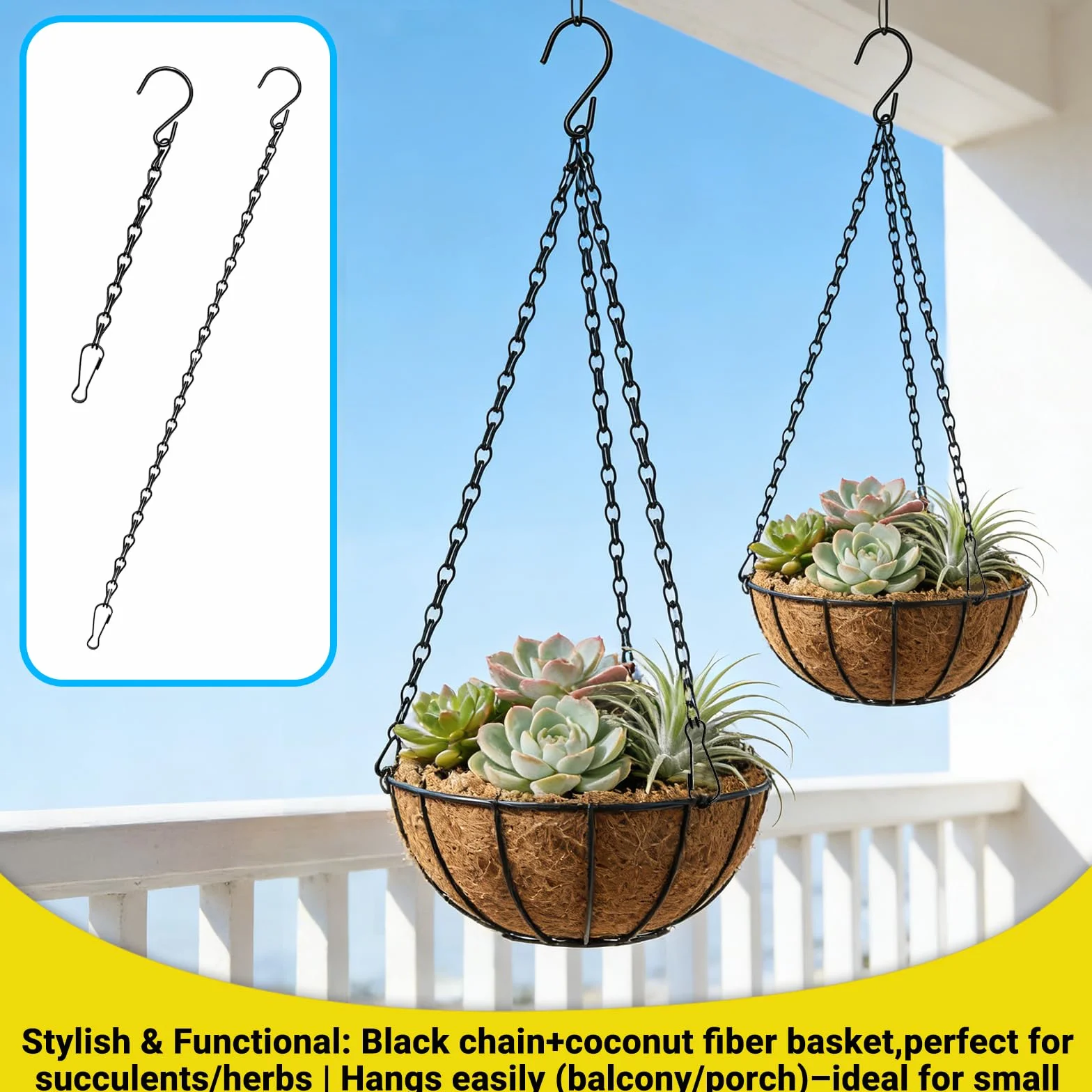 Cadenas Colgantes para macetas 6 Unidades 4x50cm y 2x25cm Negras, Ganchos y Anillas Ajustables para Colgar Plantas, faroles y comederos, Uso Interior y Exterior jardín terraza