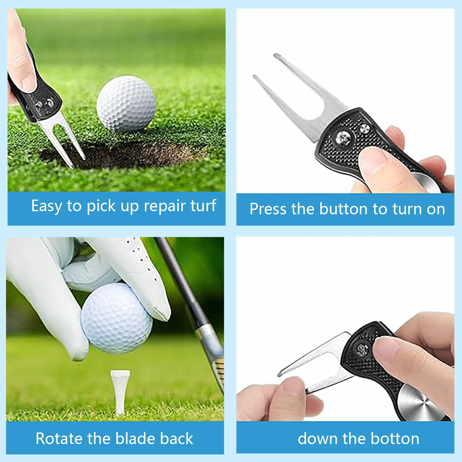 Divot Golf Herramienta Reparación 2 Piezas Plegable Metal Mini Forquilla Verde Metálica Marca Bolas Magnética