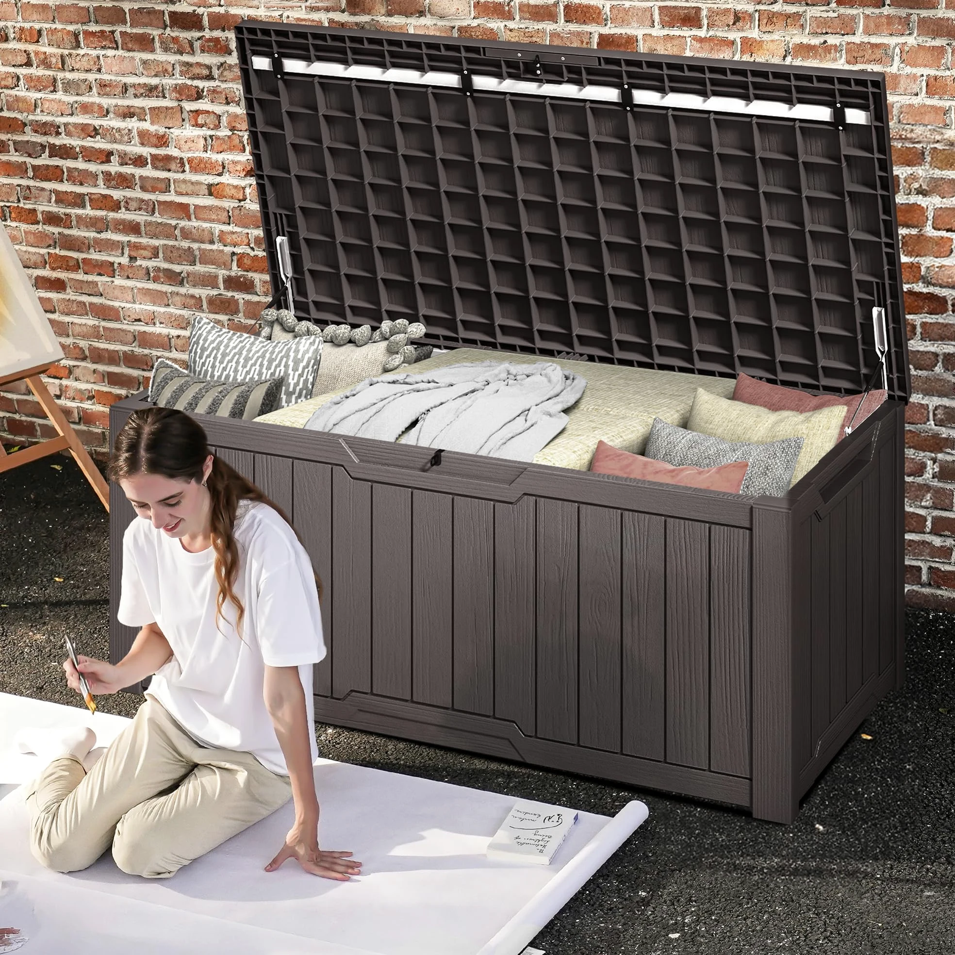 DWVO Caja de almacenamiento para jardín al aire libre, 450 L, 142,1 x 67,6 x 60 cm, impermeable, con cerradura segura, asas de transporte laterales, resistente a todo tipo de clima, caja de resina