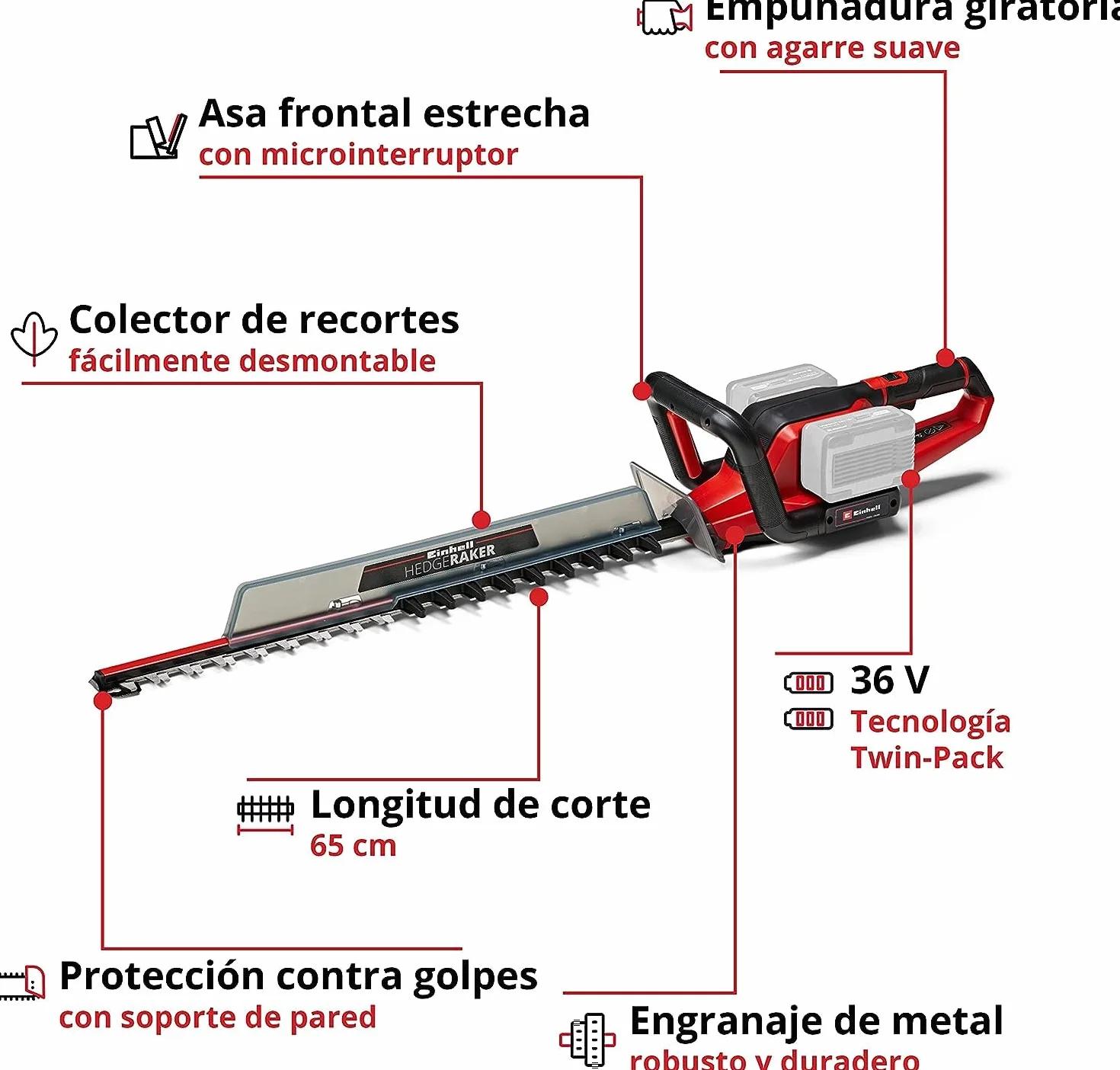 Einhell Cortasetos con batería GE-CH 36/65 Li-Solo Power X-Change (36 V, 65 cm de Longitud de Corte, 30 mm Distancia Entre Dientes, Mango Giratorio, colector de Recortes, sín batería)