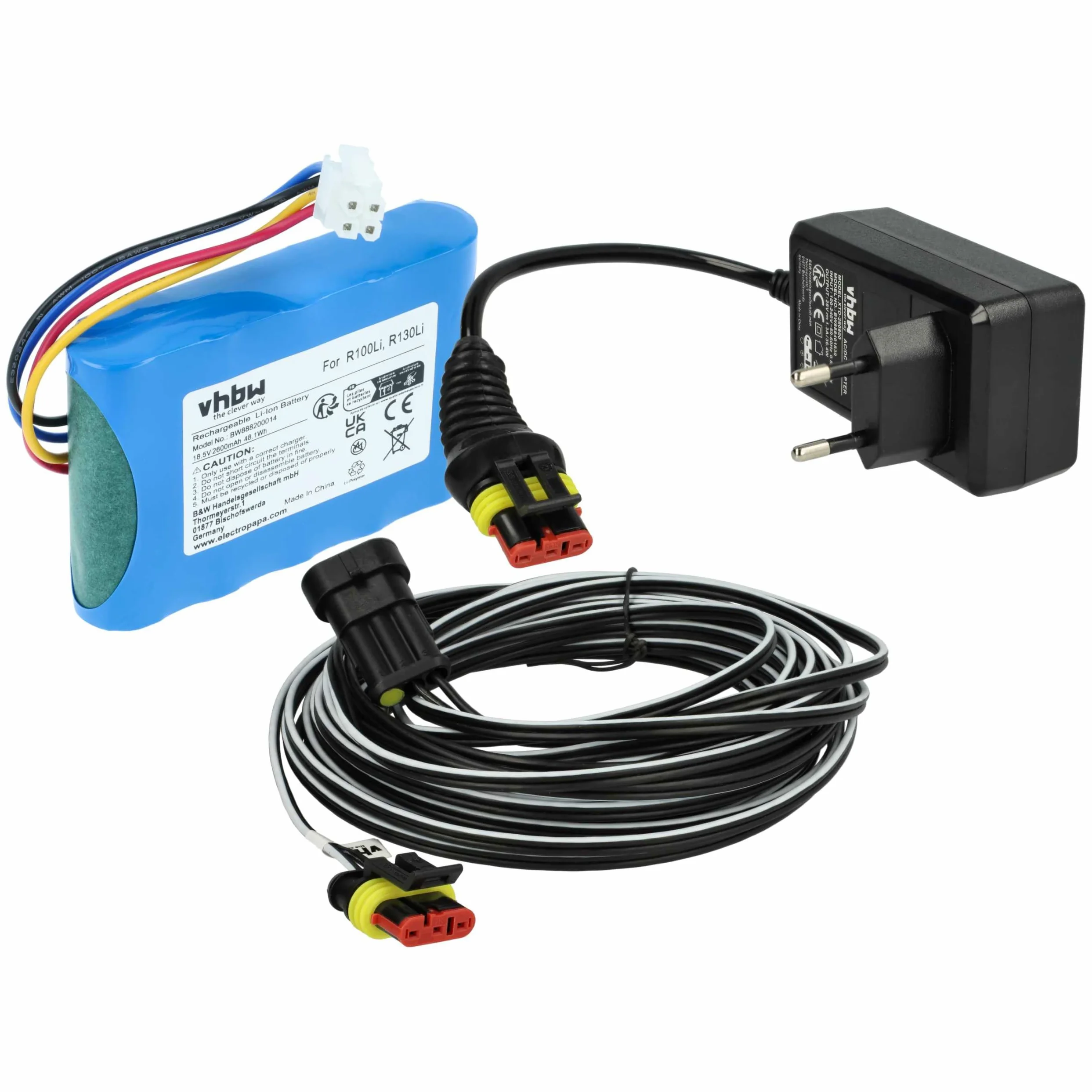 vhbw 1x Fuente alimentación, 1x bateria 2600 mAh, 1x Cable Baja tensión de 10 m Compatible con Flymo EasiLife 500 (2002), 800 (2002) cortacésped