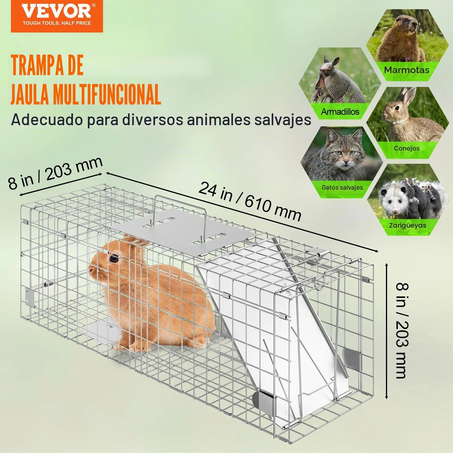 VEVOR Trampa para Animales 610x203x203 mm Jaula Plegable para Trampa para Gatos Alambre Galvanizado sin Crueldad con Asa Trampa para Conejos, Gatos Callejeros, Ardillas, Mapaches, Marmotas, Zarigüeyas