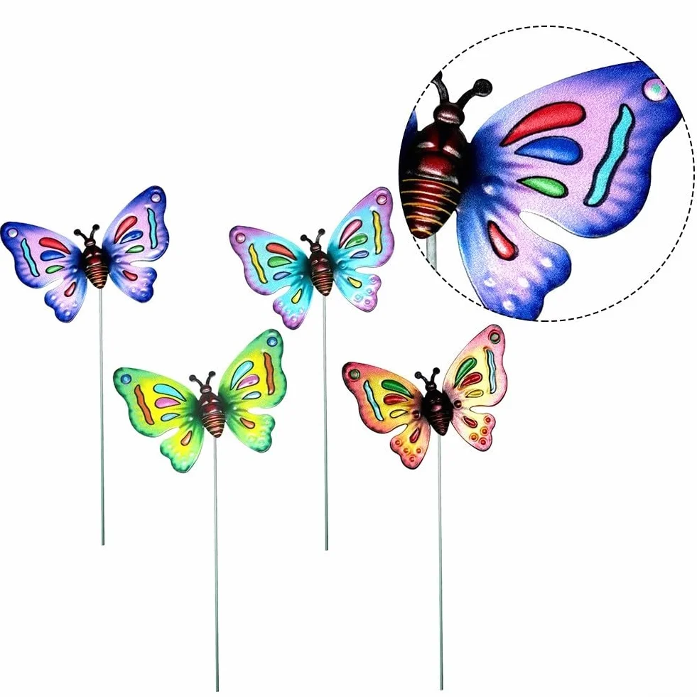Juego de 4 estacas de jardín de mariposa de metal para decoración de césped y patio al aire libre, a prueba de óxido