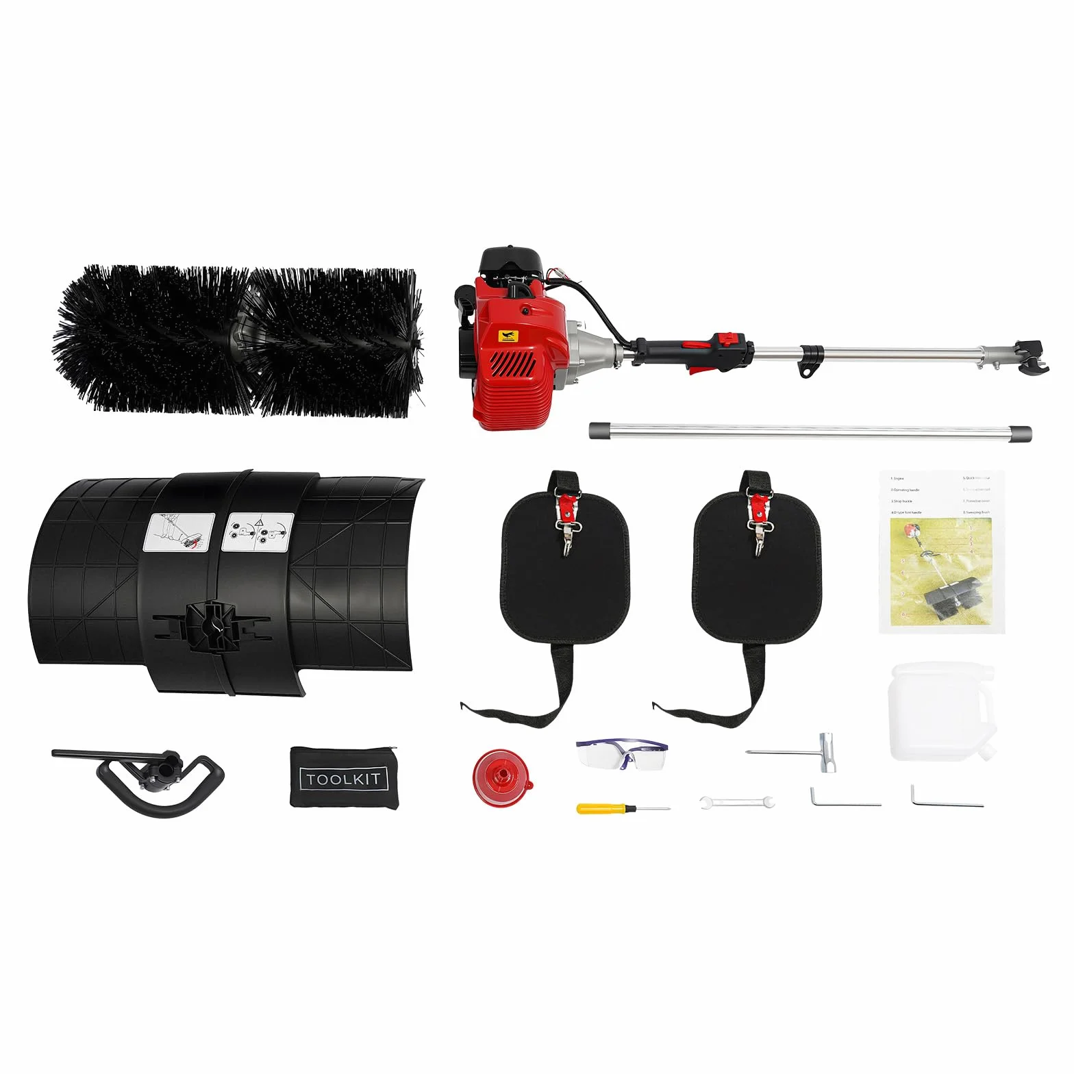 Barredora de gasolina de 2 tiempos de 2.3 HP, barredora de mano a gas con motor de 52 cc, limpiador de nieve para jardín, césped, barrido, nieve, hojas de nieve, barro