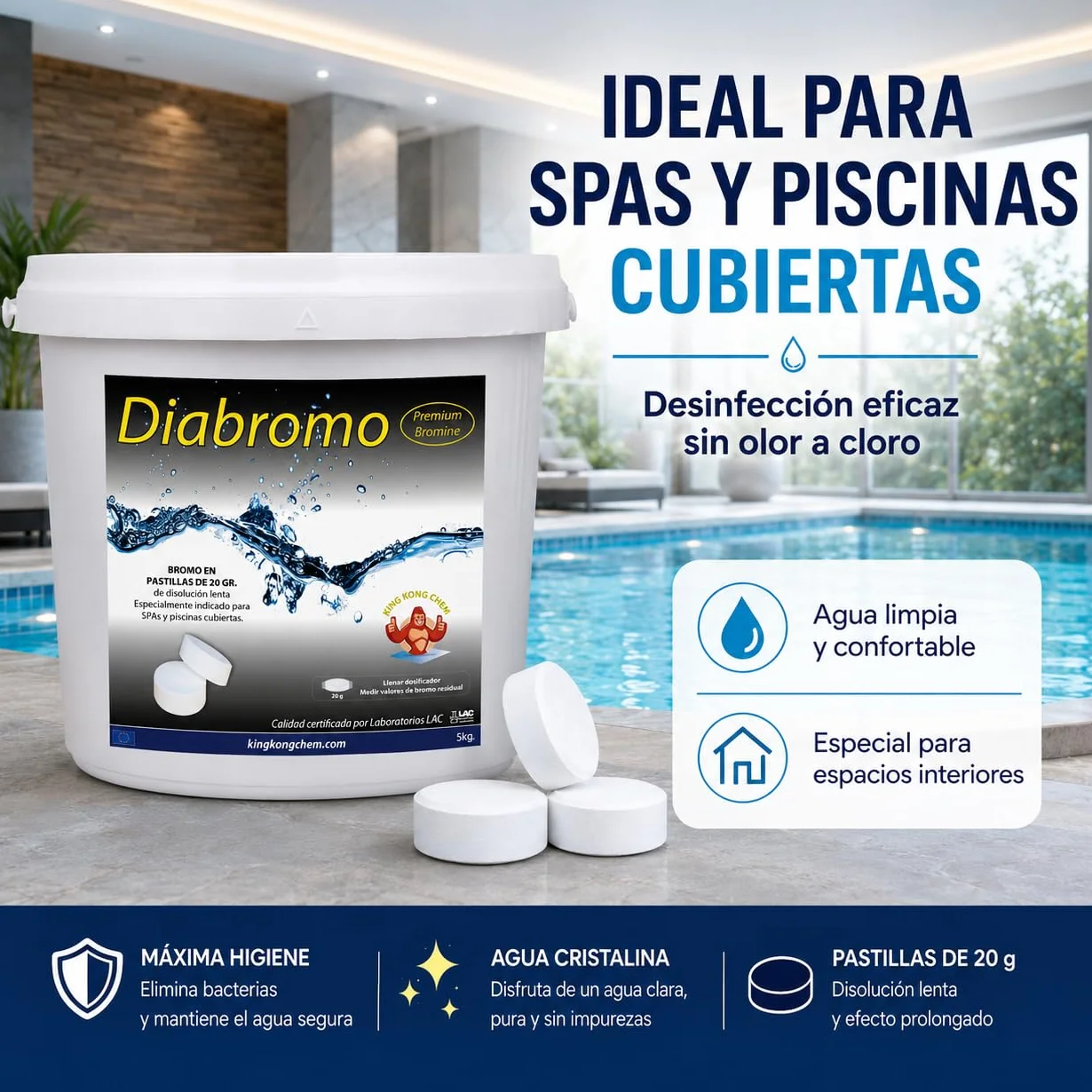 Diabromo 5 kg - Bromo Desinfectante para SPA y Piscinas Cubiertas - Pastillas de 20 Gramos