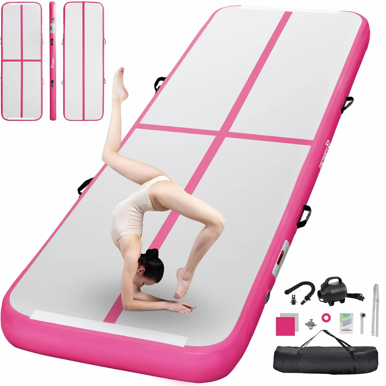 FBSPORT Airtrack Alfombrilla de entrenamiento 3/4/5 m 10/20 cm grosor con bomba de aire y bolsa de transporte esterilla de gimnasia hogar yoga aire libre tumbling