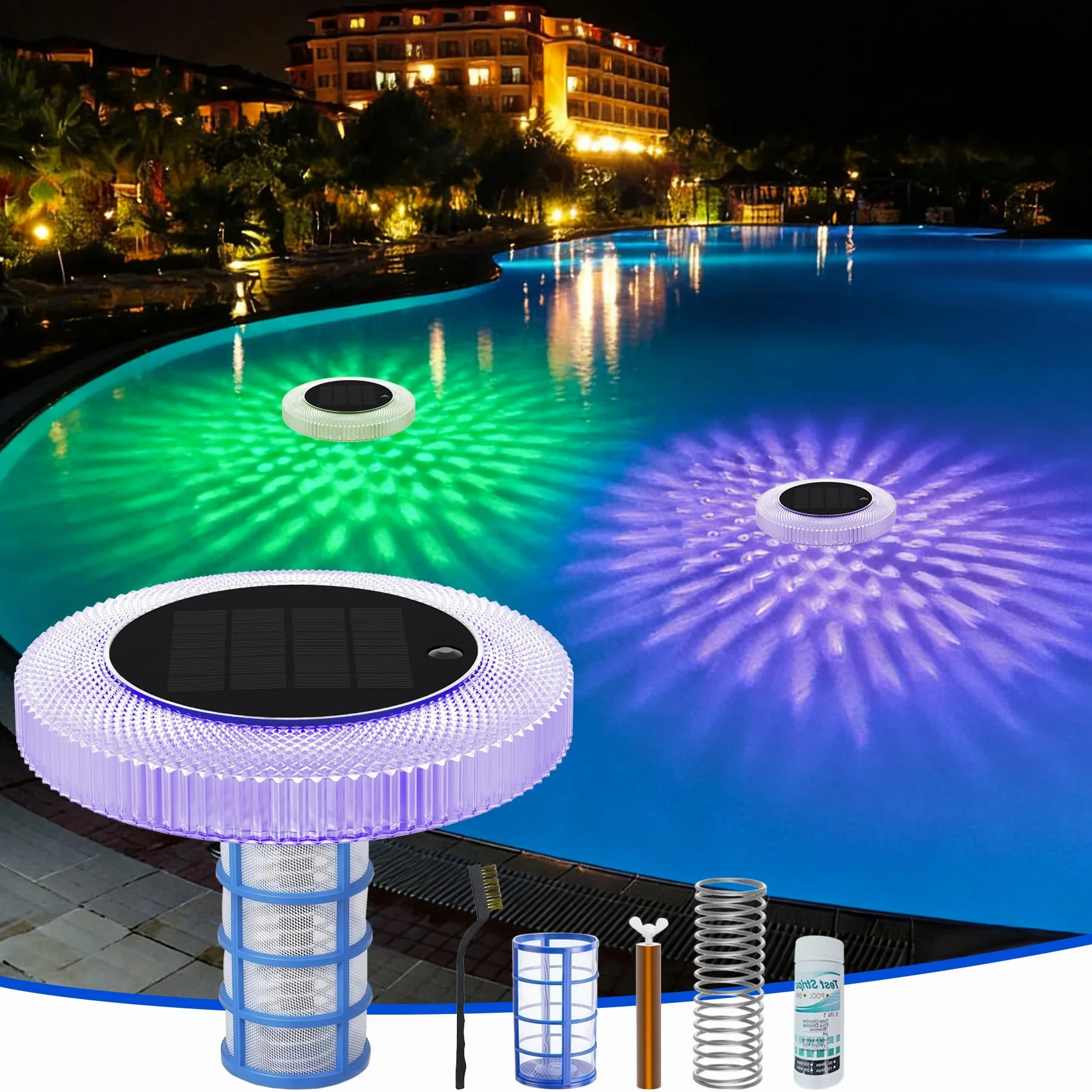 sylvwin Ionizador Solar para Piscinas ánodos de Cobre, purificador de Agua Flotante con ánodo de Cobre para Piscinas, iluminación Solar para Piscinas, Luces solares RGB