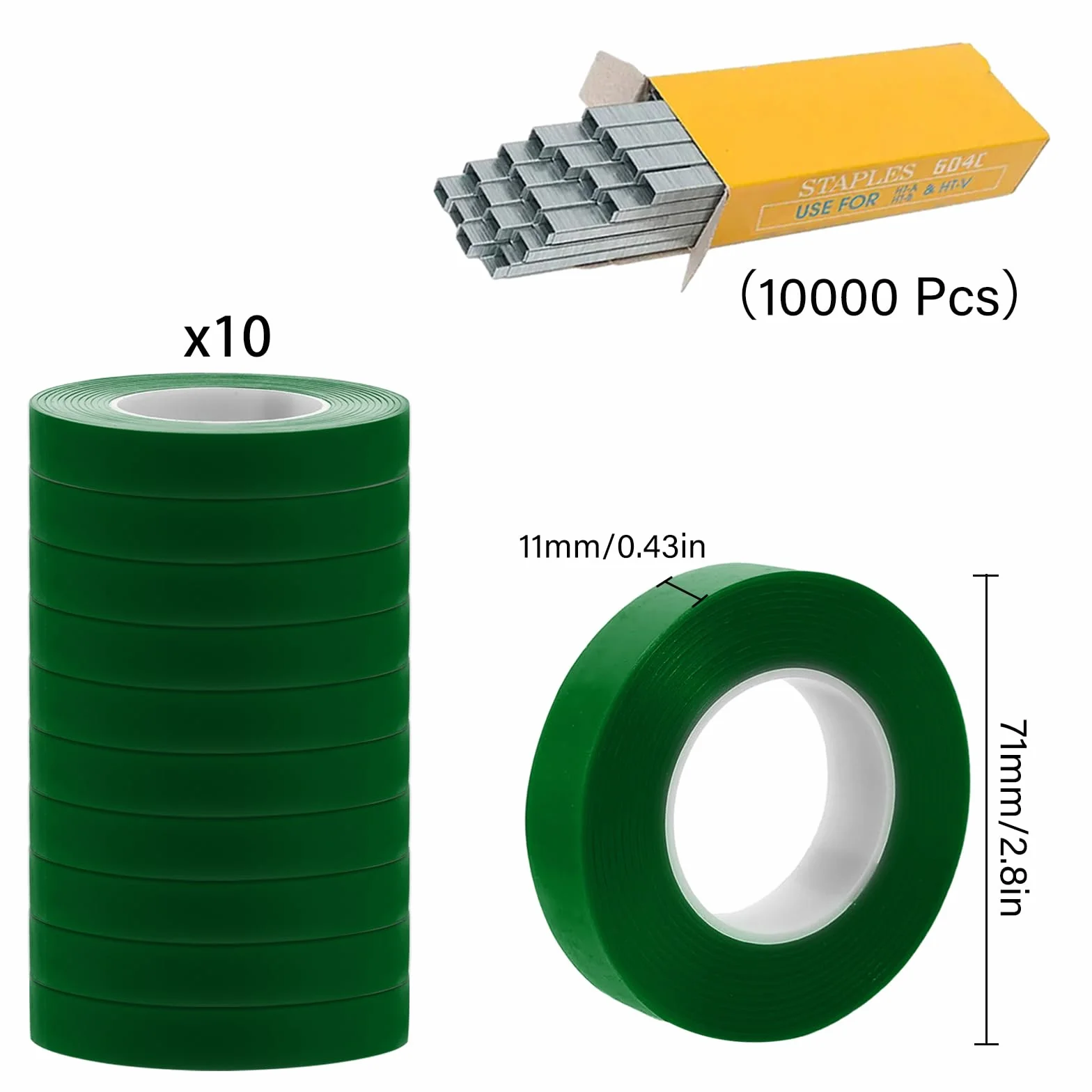 TOGETDREAM 10 Rollos de Cinta Jardín y 10000pcs Grapas para Uvas, Herramienta de Cinta de Jardín para Atar Ramas de Plantas, Paquete Maquina para Atar, Atadora de Tomates, Herramientas Jardineria