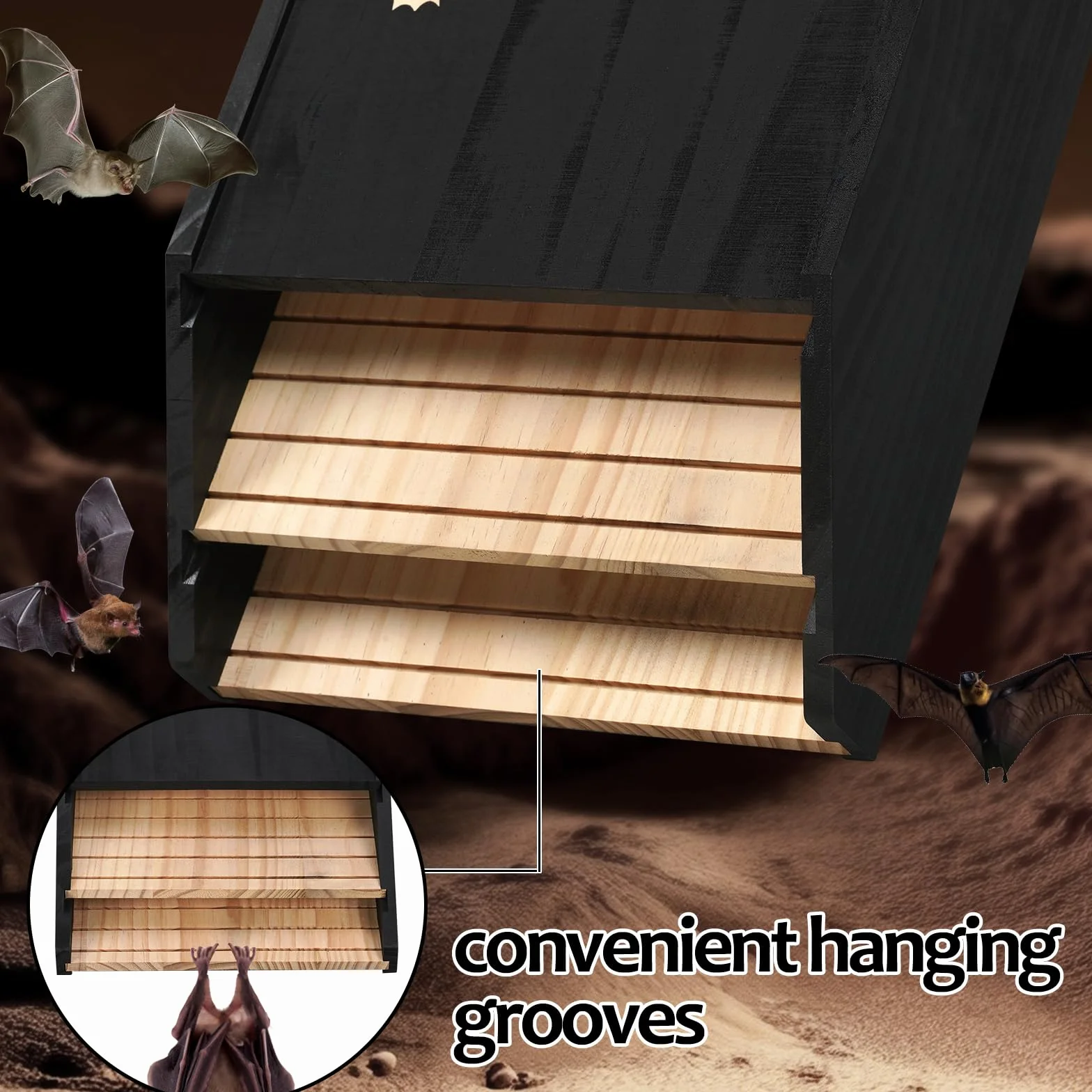 Caja para murciélagos de madera, doble cámara, resistente a la intemperie, casa de murciélagos y nido, listo para montar, caja de refugio para murciélagos en verano e hibernación, color negro