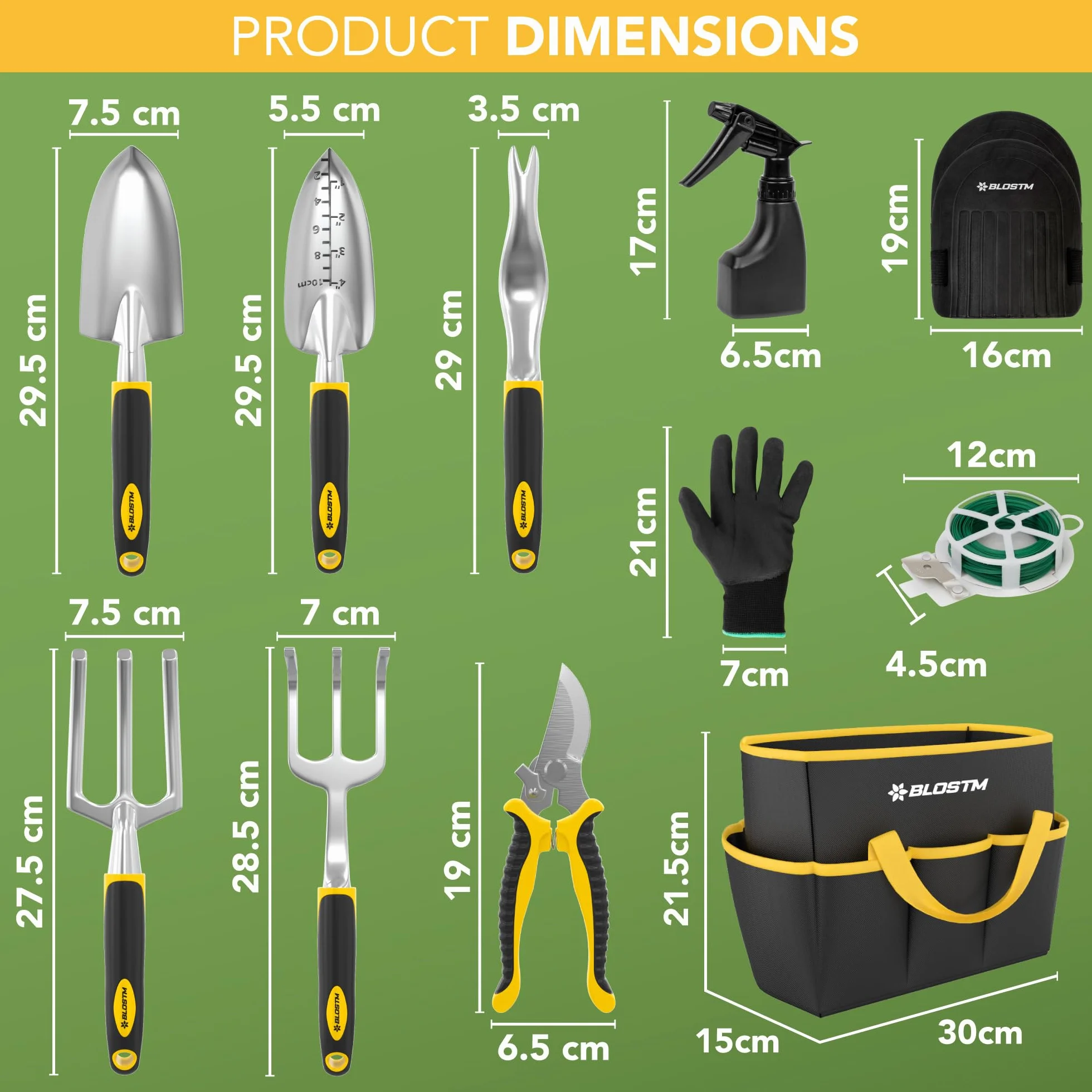 BLOSTM - Juego de herramientas para jardinería (11 piezas, herramientas de jardín, resistentes con bolsa de transporte impermeable, asas ergonómicas, pequeña pala jardinería, herramientas – Kit de