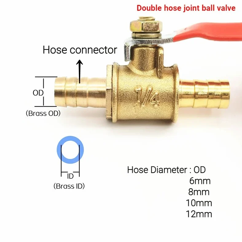 Conector de toque de manguera, Válvula en línea de espiga for manguera de 2 uds, accesorios de válvula de bola de corte de tuberías de agua, aceite, gas y combustible de latón de 6mm-12mm(Tu