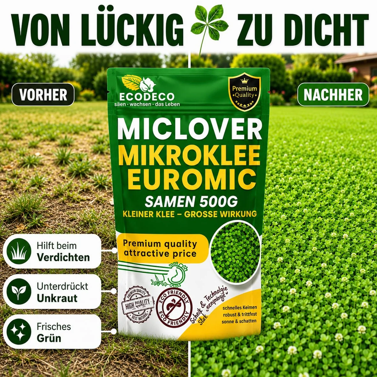Semillas Cesped Trébol Enano 1kg (400m² Puro o 800m² con Césped) – Blanco Micro Trébol Tapizante Resistente para un Jardín Verde y Uniforme – Alternativa a Césped Natural