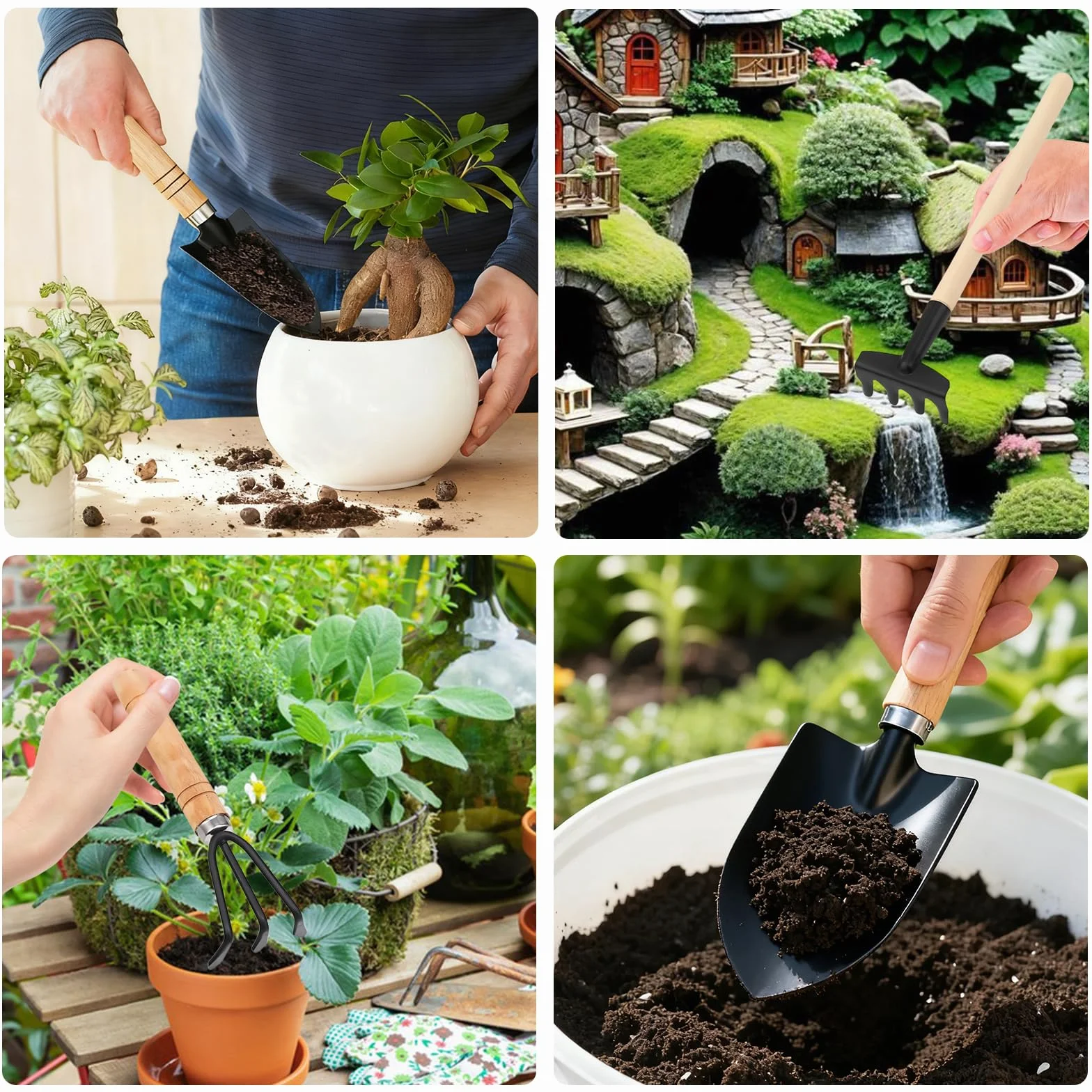 6 Juego de Herramientas de Jardín, Mini Herramientas Jardineria, Herramientas de Jardín Pequeñas, Kit de Jardinería Mango de Madera, Pala, Pala Pequeña, Rastrillo, para Suculentas, Plantas en Maceta