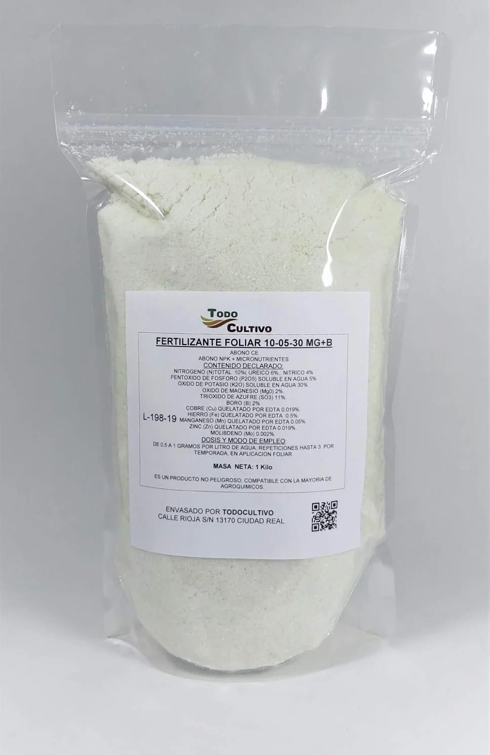 Todo Cultivo Abono foliar 10-5-30 + (2MGO + 2B). 1 Kilo. Complejo con magnesio, Boro y microelementos quelatados. Cubre Necesidades nutricionales del Olivo, cítricos, frutales de cascara y leñosos.