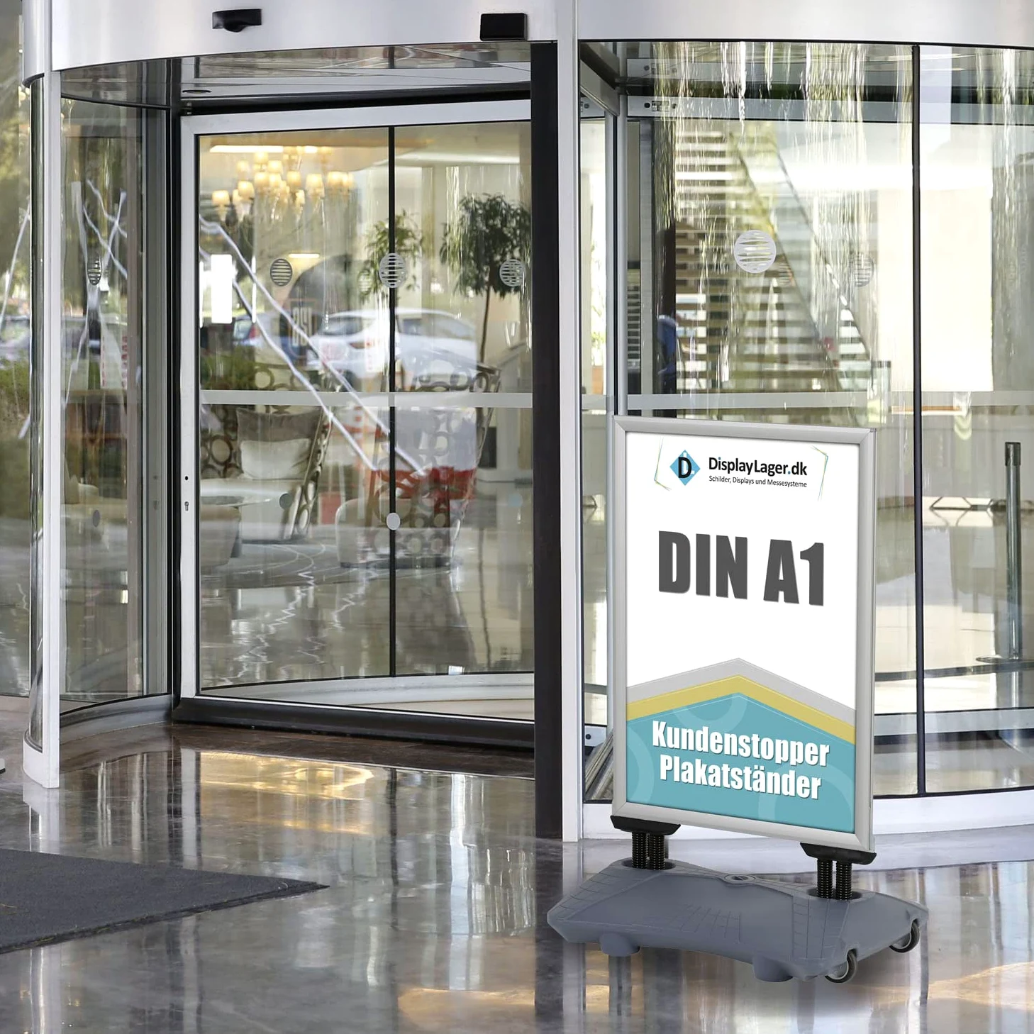 DisplayLager Customer - Tope de doble suspensión para carteles (modelo Wind-Pro para DIN A1, 594 x 841 mm, resistente a la intemperie, peso para altas velocidades del viento y ruedas (A1, gris)