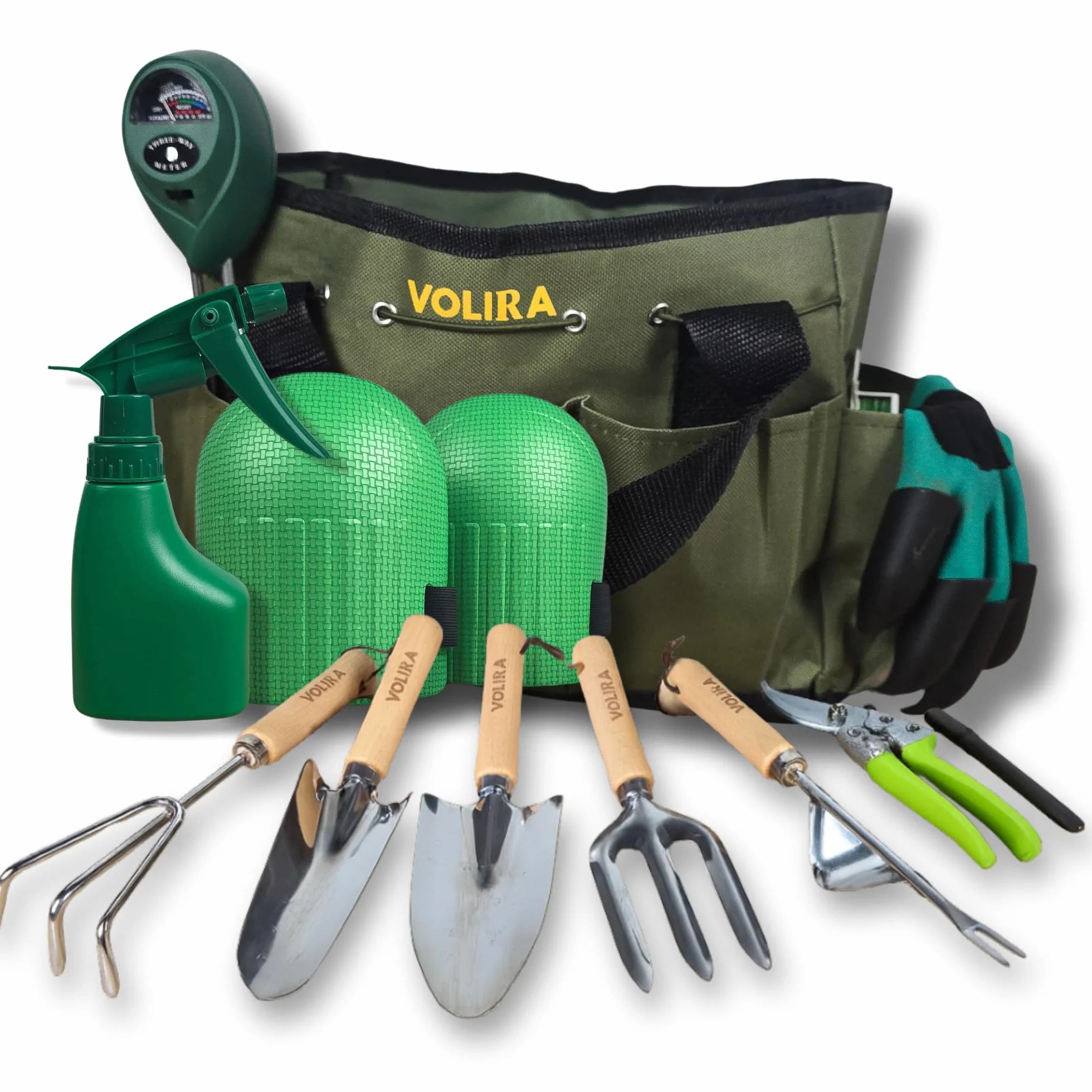 Kit Jardinería 14 Piezas con Bolsa,Herramientas de Jardinería de Acero Inoxidable, Tijeras de Podar SK5, Medidor de Humedad, Guantes y Rodilleras – Set Jardinería para Huerto Urbano y Regalo