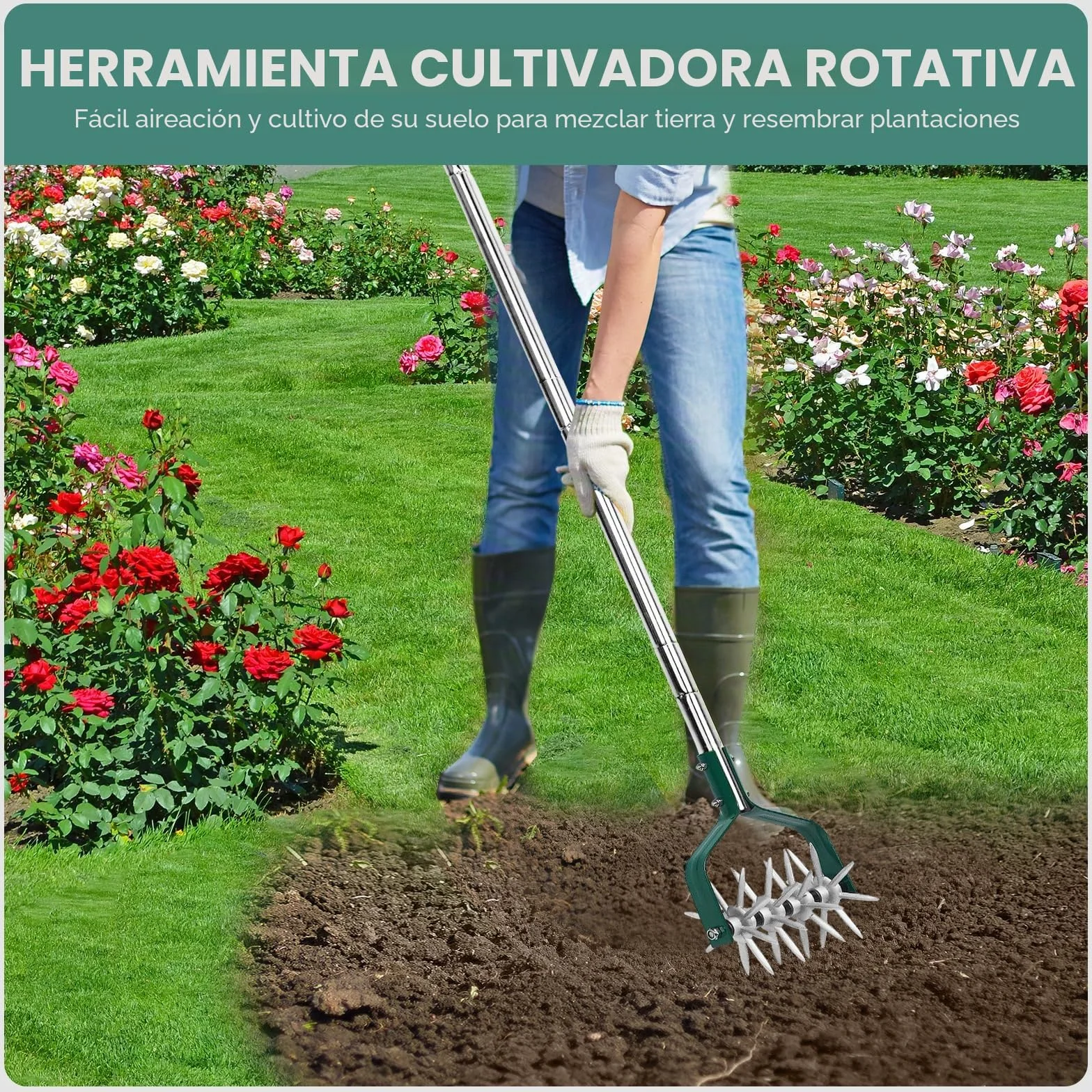 Yeelor Cultivador giratorio con mango ajustable S/S con dientes de metal sólido desmontables, cultivador de jardín, cultivador de césped y cultivador manual para aflojar y mezclar tierra