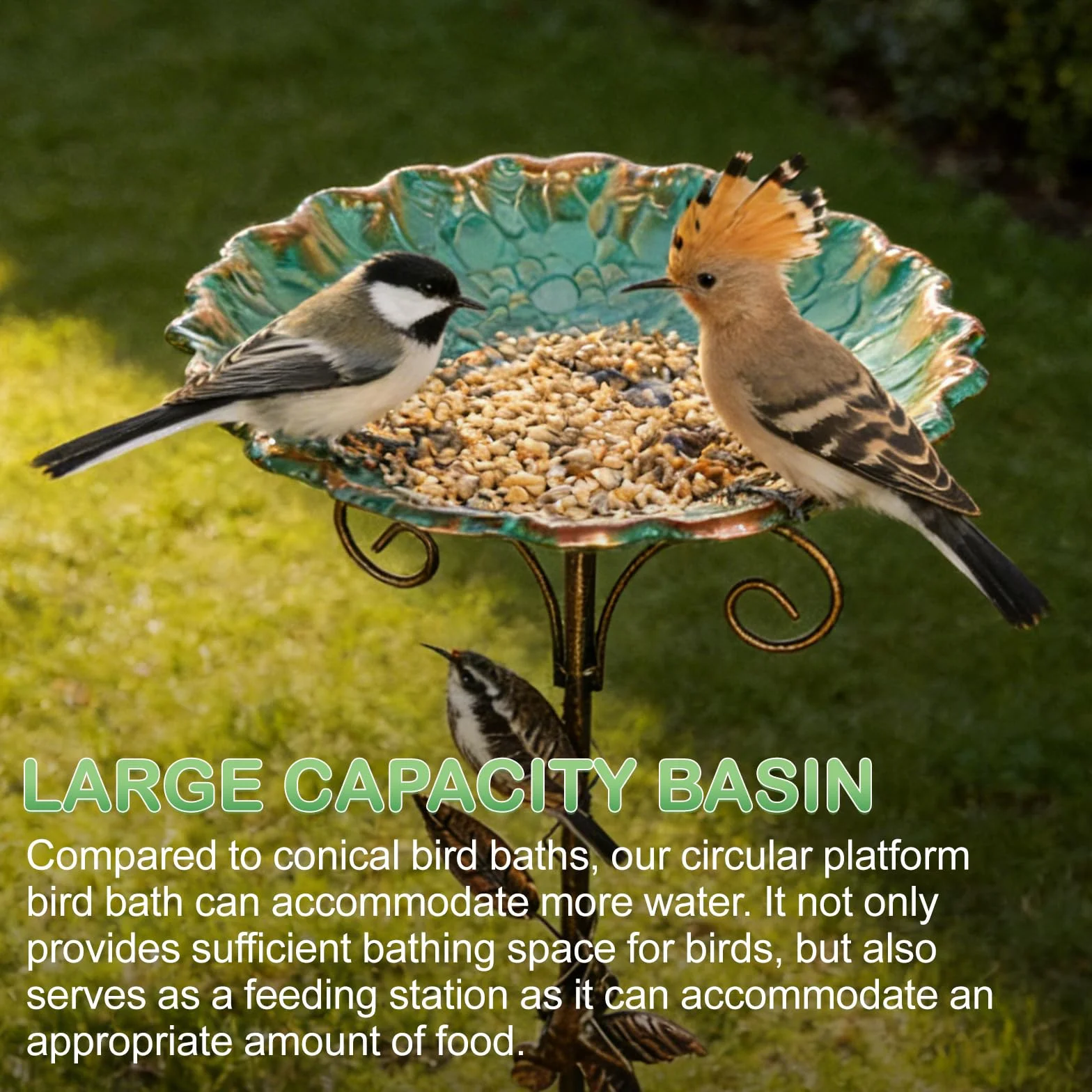 GOMETY Bebedero para pájaros de pie, para jardín, resistente al invierno, de metal, resistente a las heladas, para exteriores, 2 en 1, bebedero para pájaros y comedero para aves silvestres, 77 cm