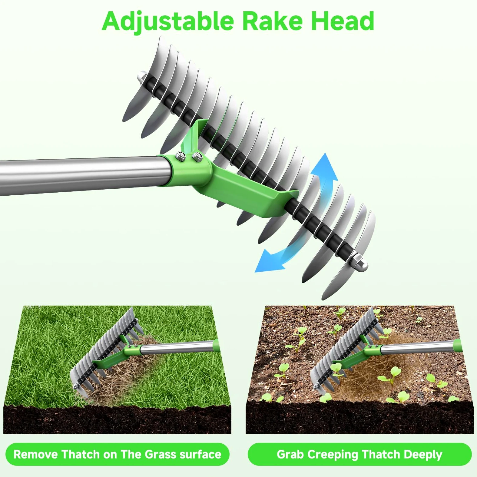 Rastrillo de paja para césped, rastrillos de jardín con mango ajustable de 160 cm con 21 dientes, rastrillo de jardín de 32 cm de ancho, resistente, rastrillos de césped para aflojar el suelo, césped