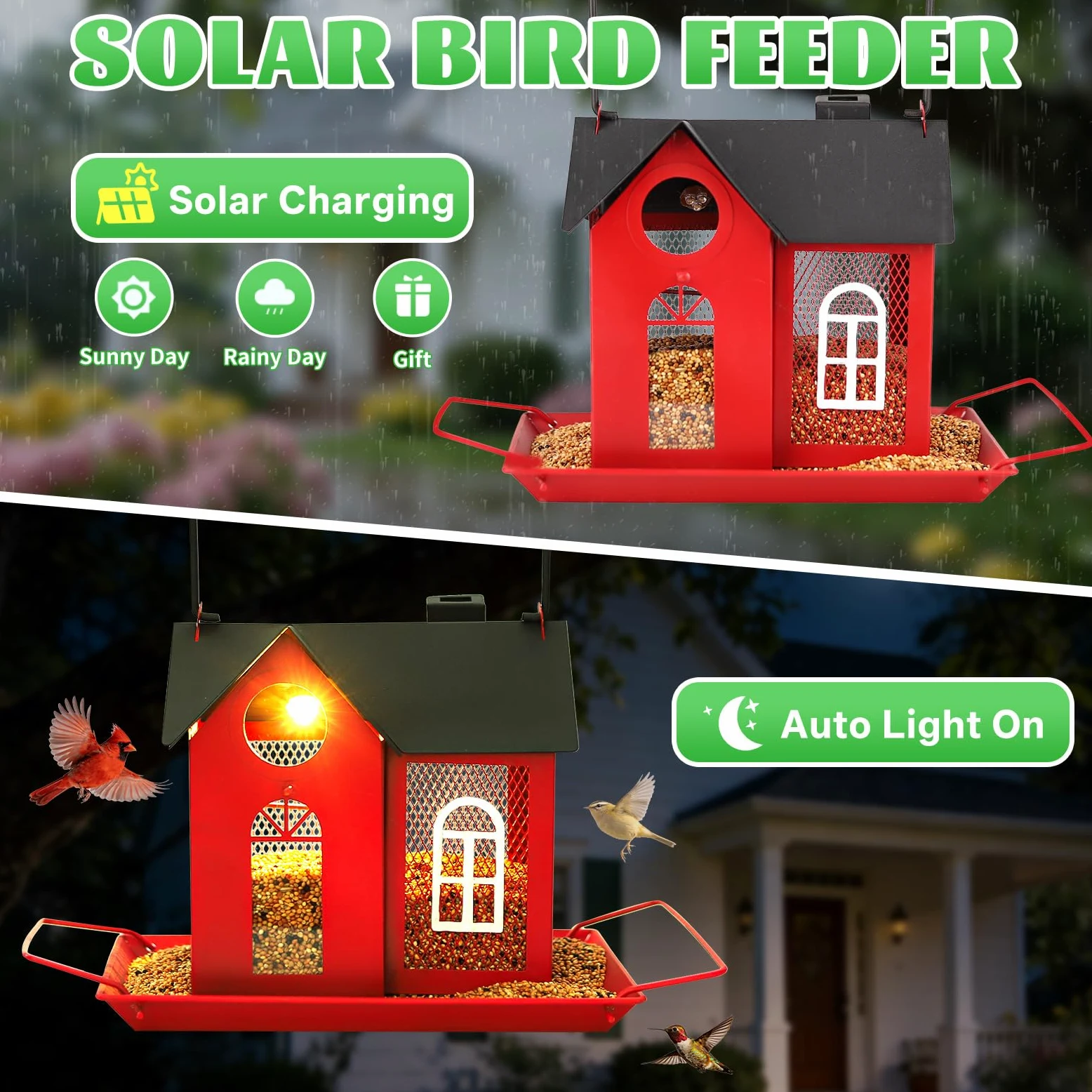 Comedero solar para pájaros para exteriores, comedero colgante de metal rojo con luz solar, comedero decorativo para cardenales, pinzones y pájaros silvestres, decoración de jardín y patio trasero