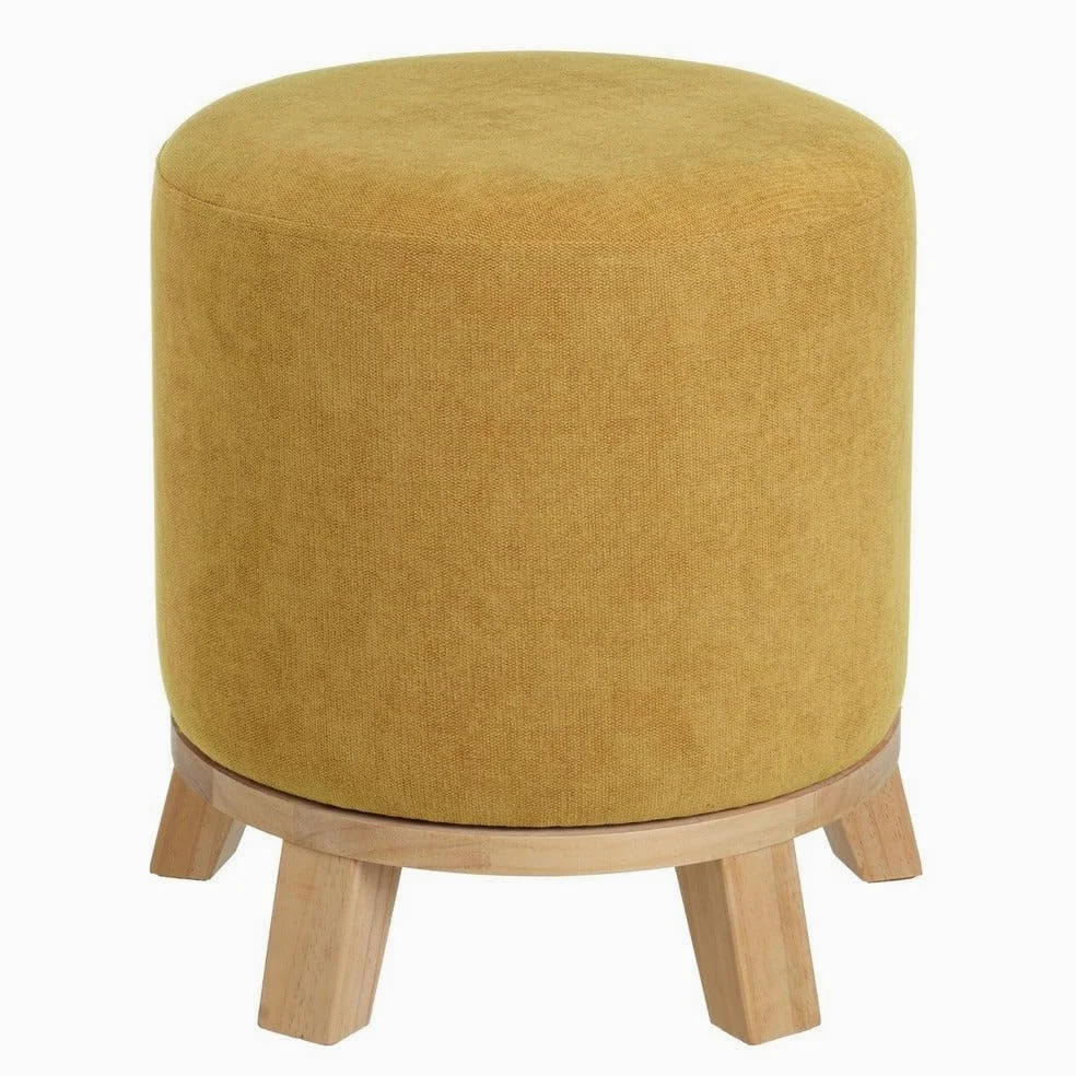 Puff Taburete Redondo Chenilla Mostaza 40x45 cm Patas Madera 100 kg Asiento Tocador