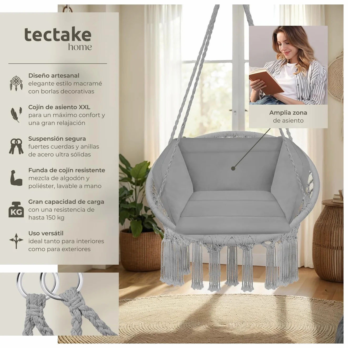 tectake® Columpio Jardín Exterior, Silla Colgante con Cojín Grande y Mullido, Sillón Balancín con Estructura Estable de Acero, Hamaca Colgante para Interior y Exterior, Trenzado en Algodón - Gris