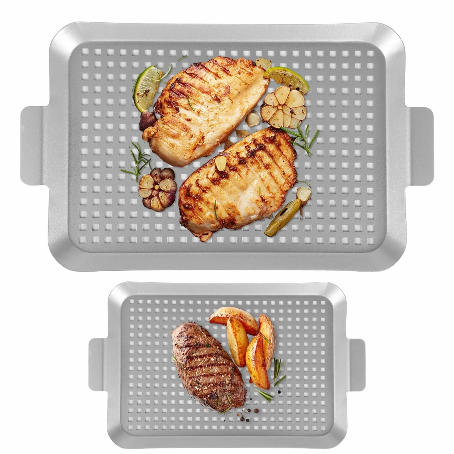 Juego de 2 bandejas perforadas para parrilla con asas para verduras, pescado y carne, versátiles bandejas para hornear medianas y pequeñas para asar