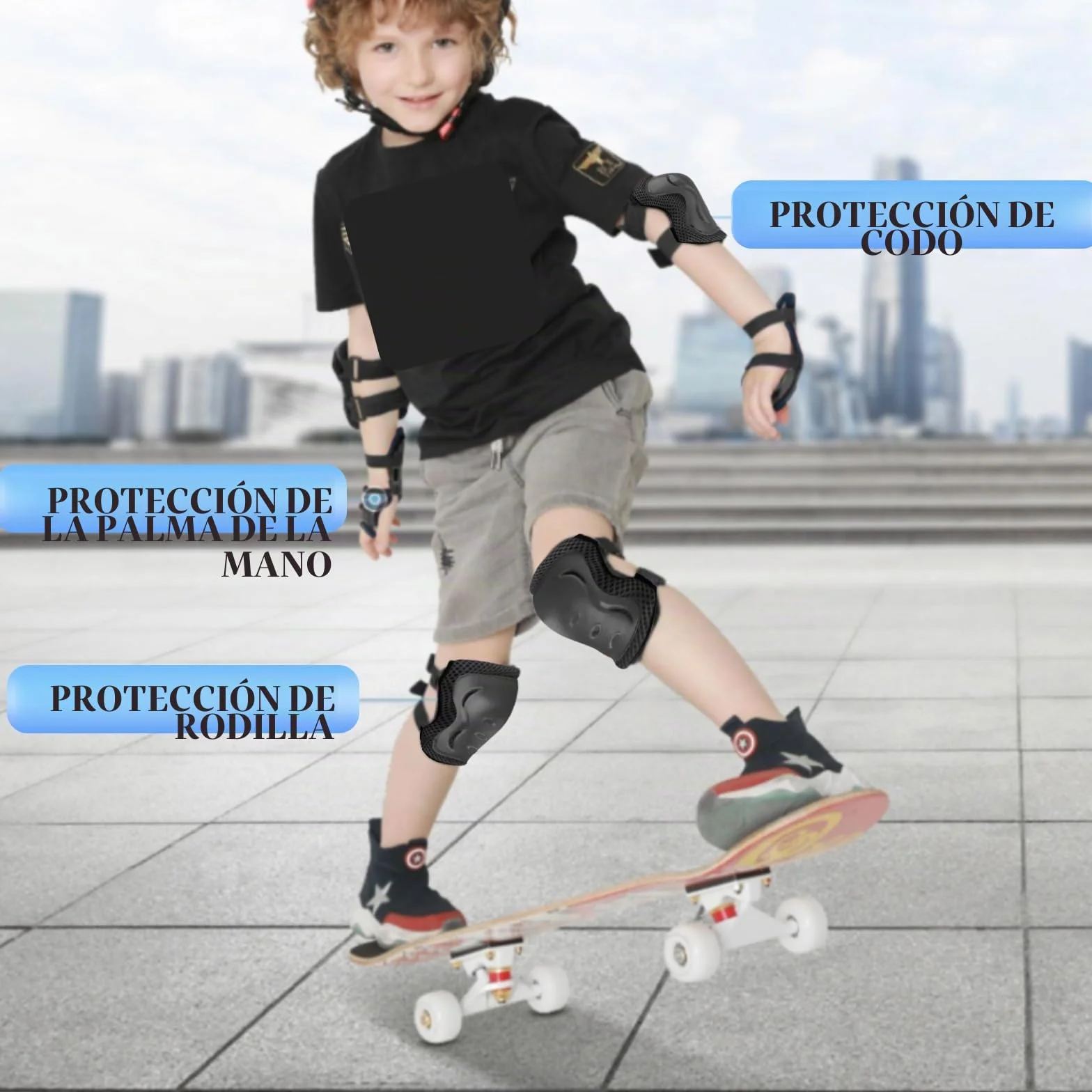 Set Protecciones Patines 6 Piezas Rodilleras Coderas Muñequeras Negro