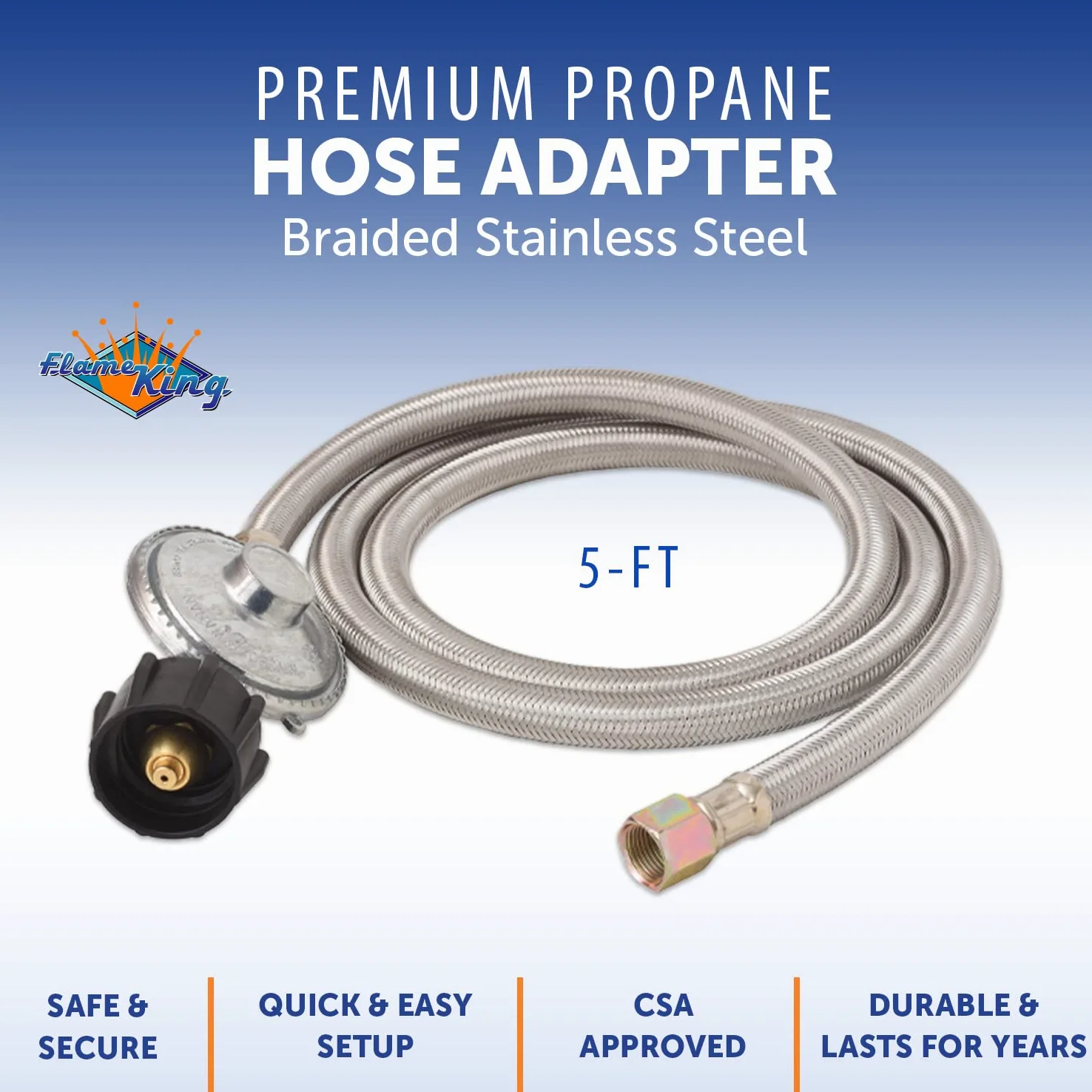 Flame King SS-QCC-3/8 - Regulador universal de propano QCC1 de baja presión de 5 pies con manguera trenzada de acero inoxidable para la mayoría de parrillas de gas LP, calentadores y mesas de hoguera,