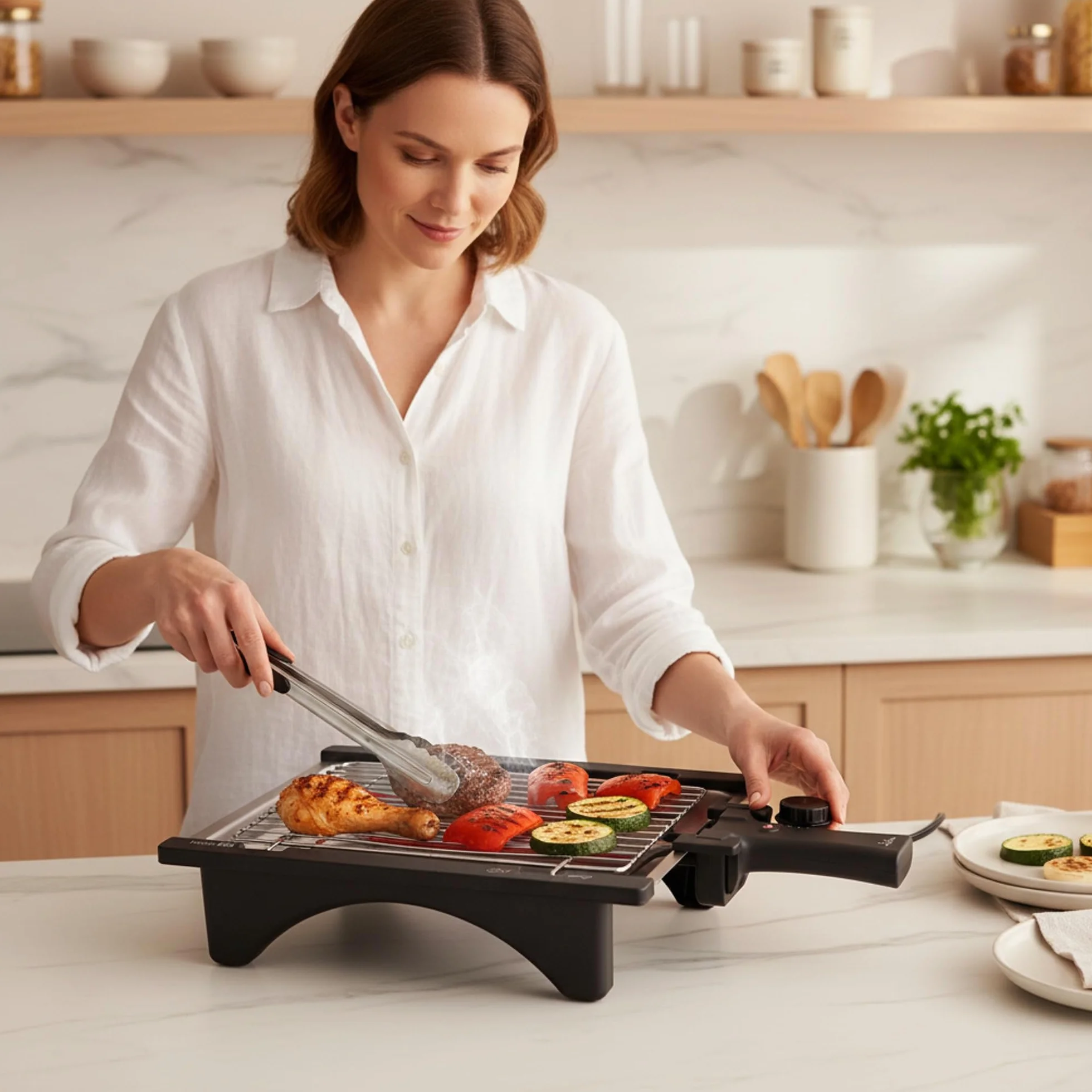 JATA BQ95 - Barbacoa Eléctrica 2000 W sin Humo con Parrilla Ajustable 2 Alturas, Bandeja de Agua Antihumos, Grill Desmontable Fácil Limpieza, Superficie 28x22 cm