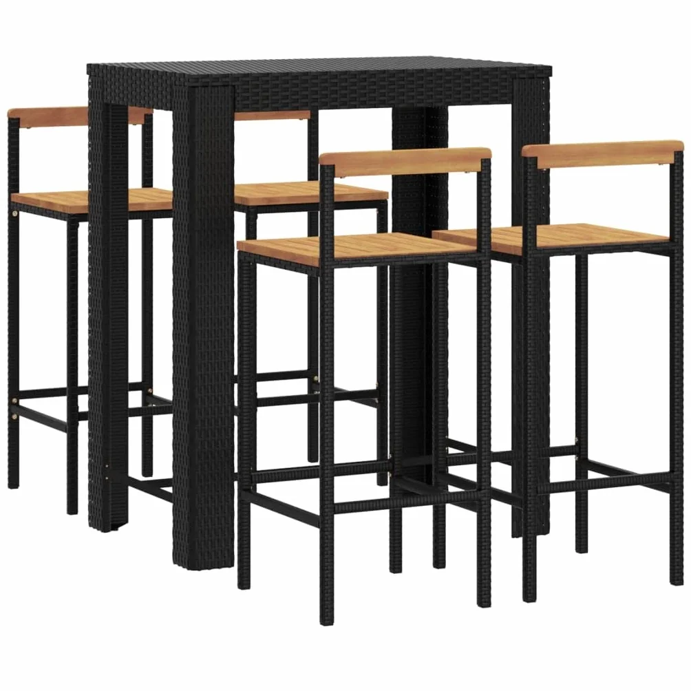 vidaXL Mesa Bar y taburetes jardín 5 pzas Madera Acacia ratán PE Negro