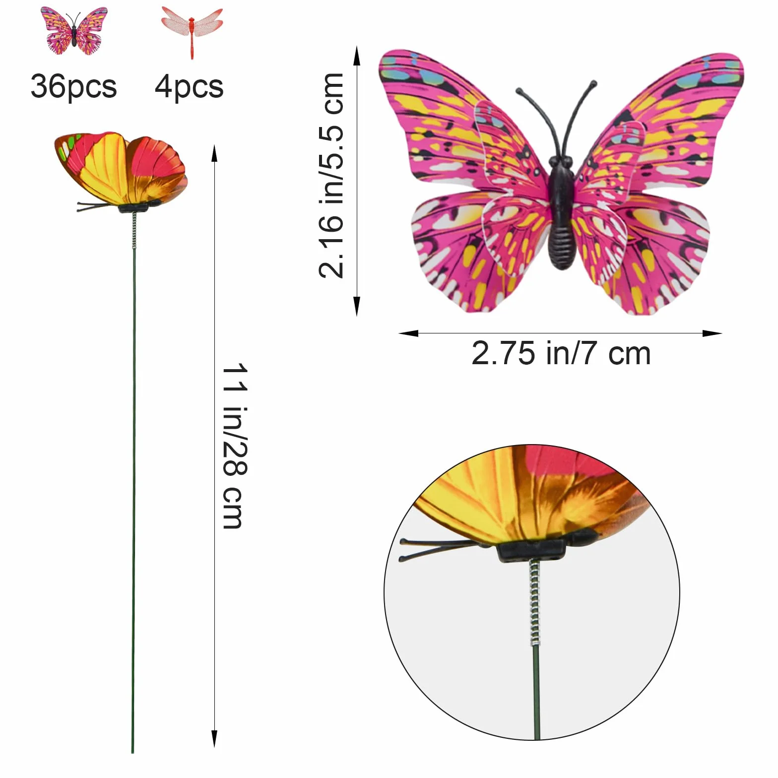 40 estacas de mariposa de libélula de jardín 3D, coloridas mariposas impermeables de PVC con estacas de doble ala, estacas decorativas de jardín para interiores y exteriores, patio, césped