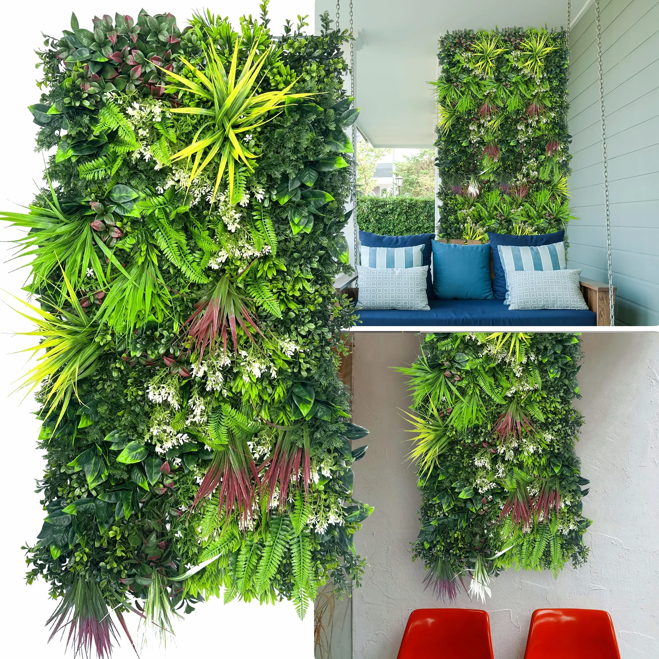 ODTORY Paneles de pared para plantas, 40 x 20 pulgadas, telón de fondo de pared de césped artificial, pantalla de privacidad con protección UV, pantalla de valla de seto de hojas verdes falsas para