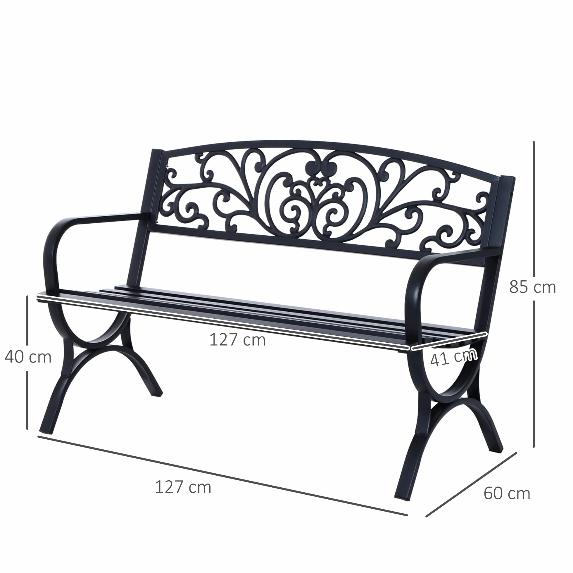 Outsunny Banco de Jardín 2 Plazas Hierro Clásico Patrón Floral 240 kg 127x60x85 cm Negro