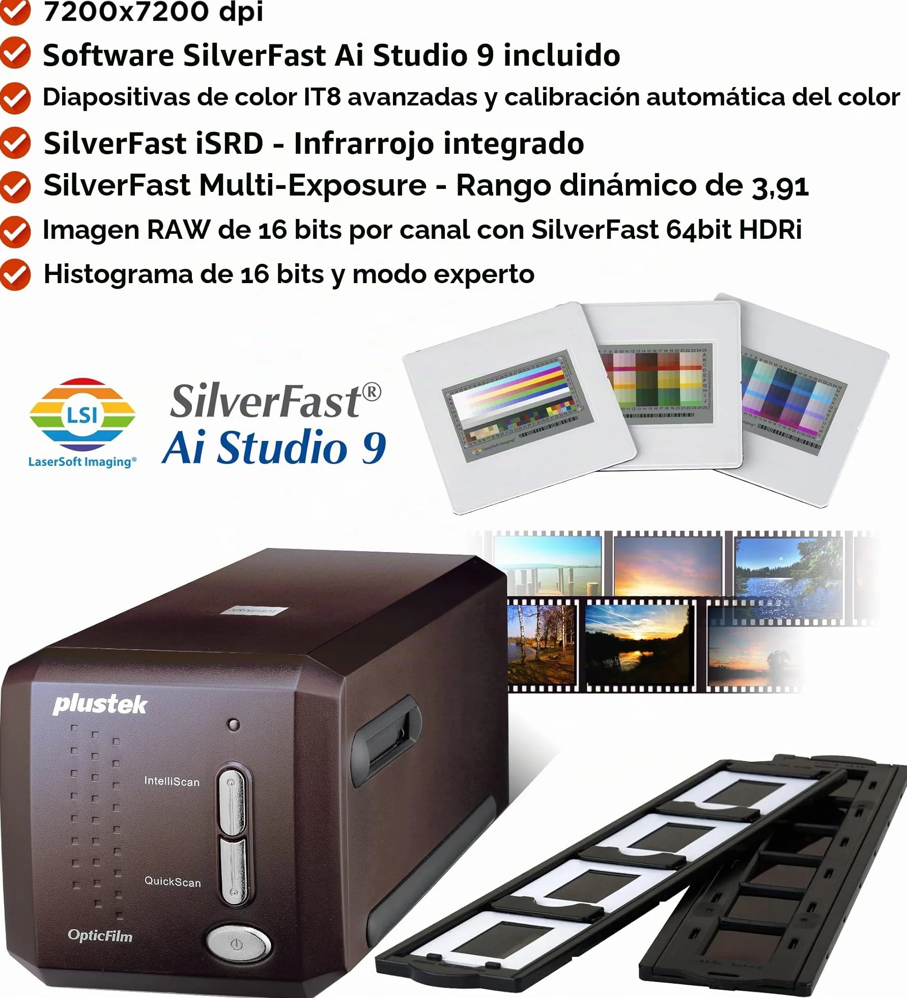 Plustek OpticFilm 8300i Ai Escáner de película 35 mm digital SilverFast Ai Studio 9 QuickScan Plus IT8