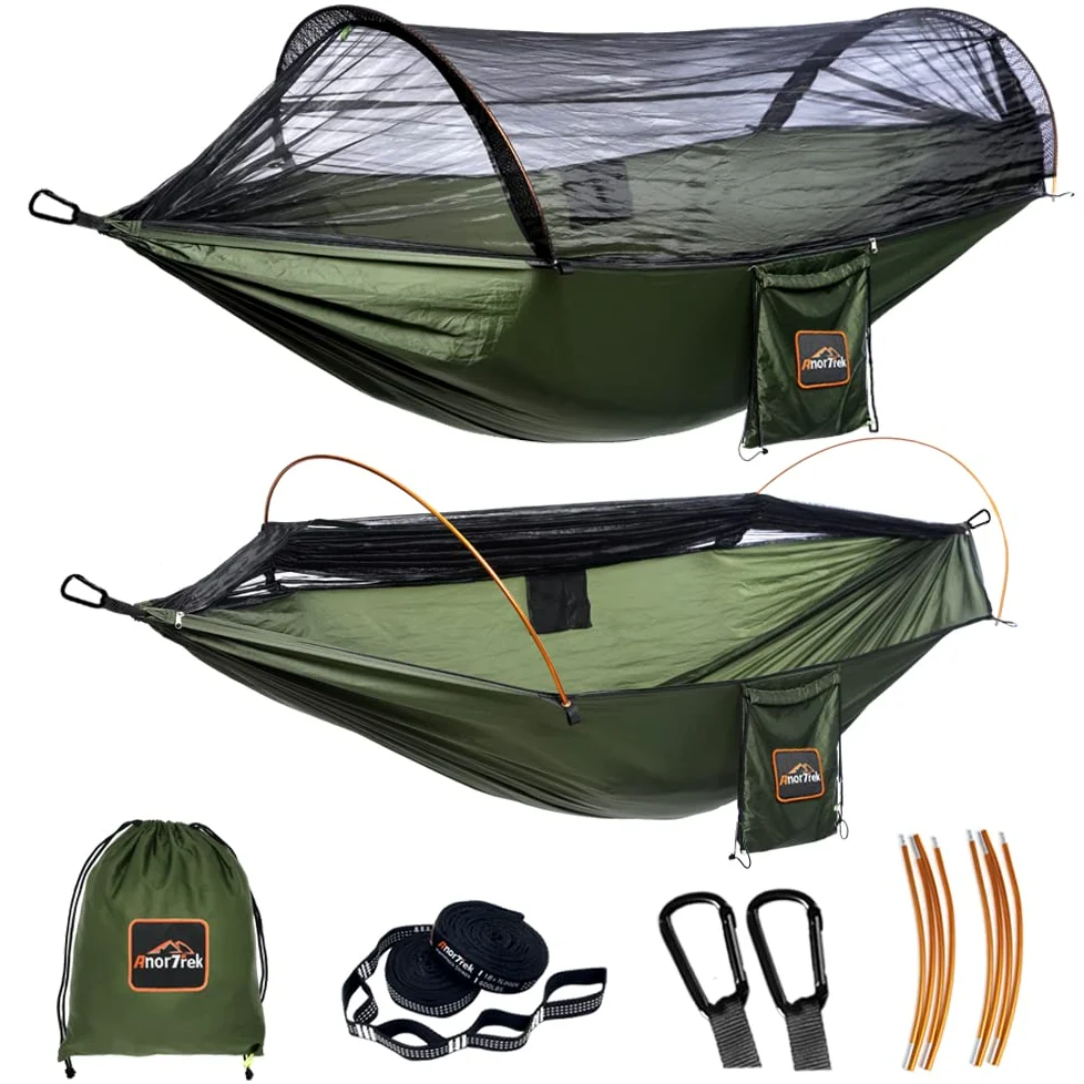 AnorTrek Hammock Profesional de Camping con Red de Mosquitos, Doble Hamaca Portátil Ligera con Dos Correas de Árbol de 3m, Hamaca de Nylon 230T para Acampar, Senderismo, Jardín, Mochilero.