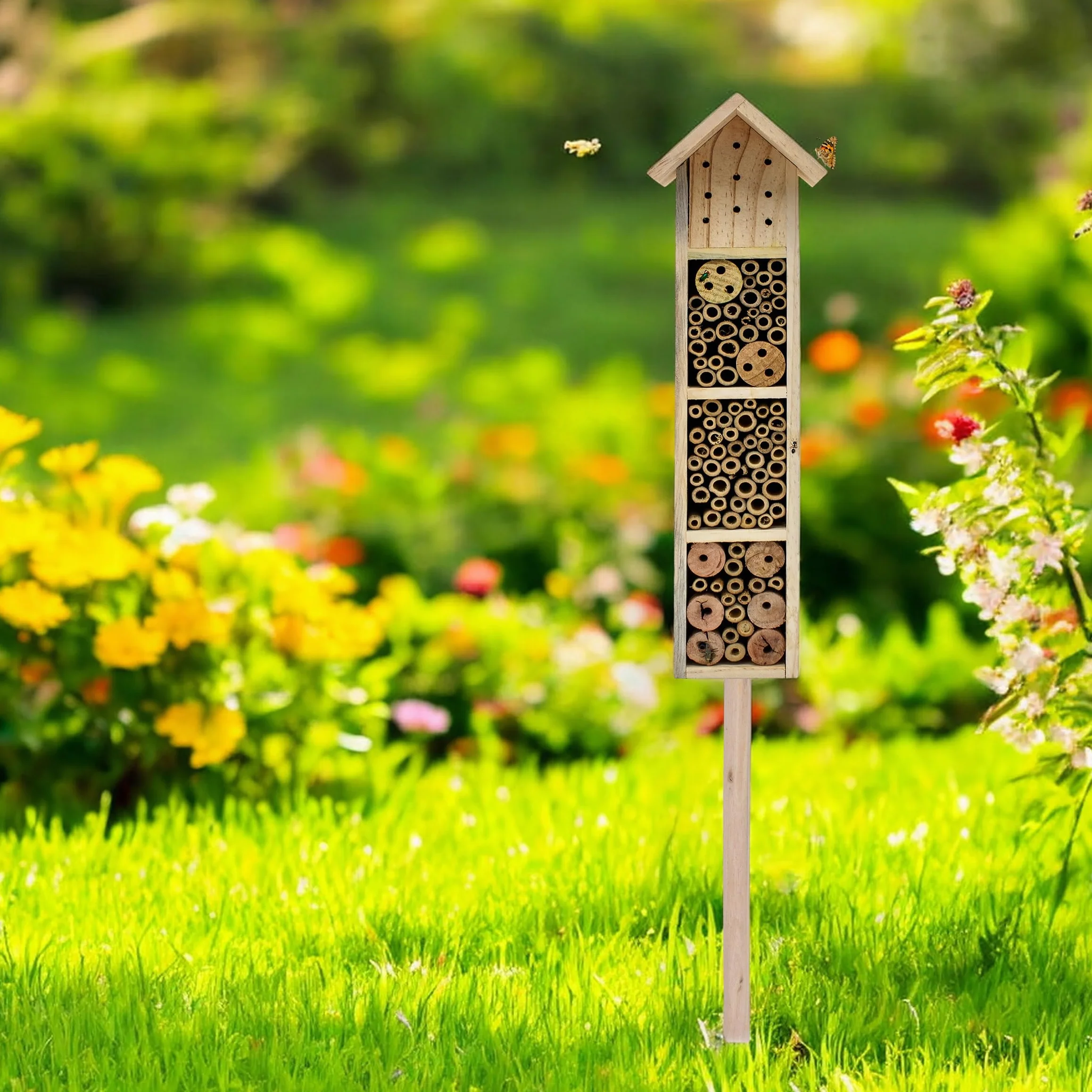 Hotel para insectos de madera con estaca – H 78 cm – Casa de insectos natural para colocar – Bienenhotel Hummelhaus Holzhaus Nisthilfe para abejas, abejas, crisopas, mariposa