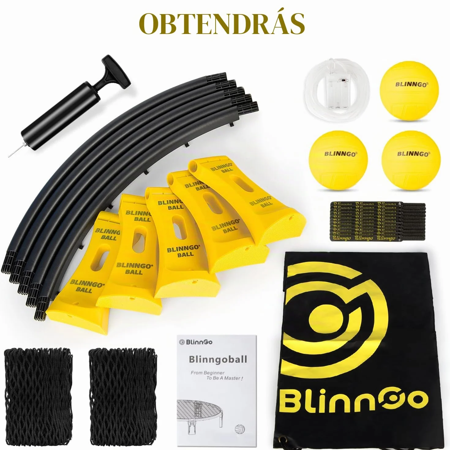Set de Roundnet con luces para exterior: 3 pelotas, red de juego y competición, bolsa, bomba e instrucciones