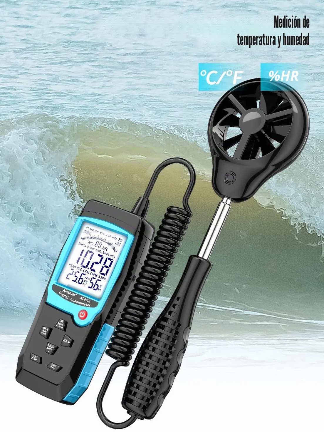 Anemometro Portatil Anemómetro Digital con Sensor de Viento Extendido, Mide Temperatura del Viento Velocidad del Viento Flujo de Viento CFM y Humedad con Retroiluminado y MAX/MIN/AVG
