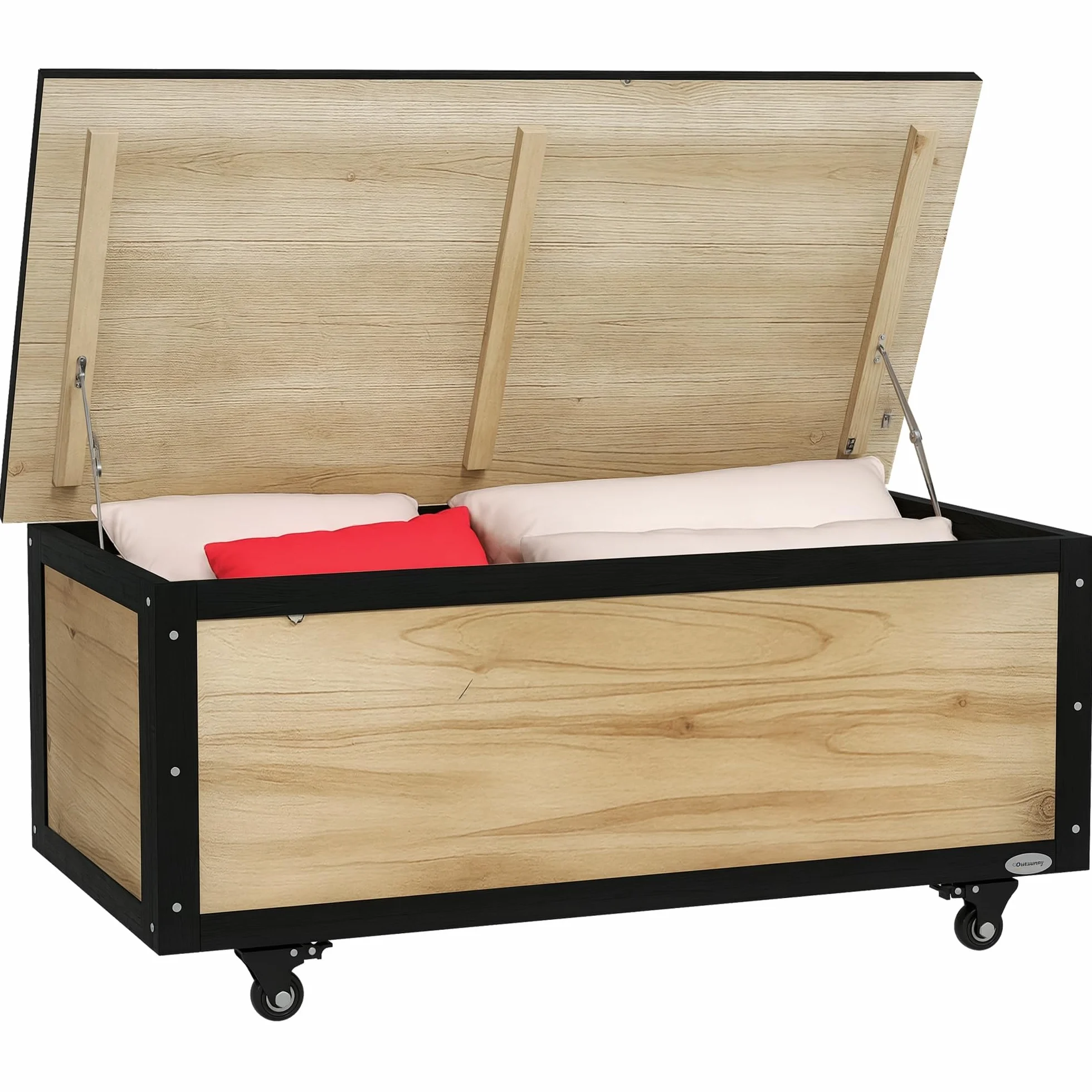 Outsunny Baúl de Exterior 121L Arcón Almacenaje de Madera con 4 Ruedas para Jardín Patio Balcón 100x50x43 cm Natural y Negro