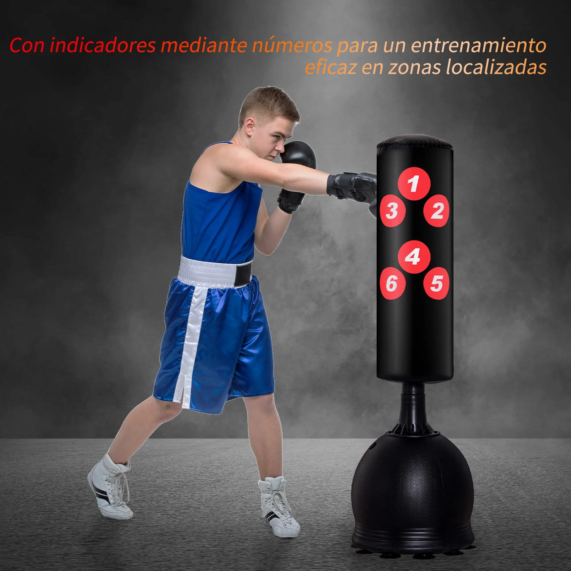 HOMCOM Saco de Boxeo de Pie 165 cm Base Rellenable Agua 22,5 kg Arena 27,5 kg Ventosas Goma Negro