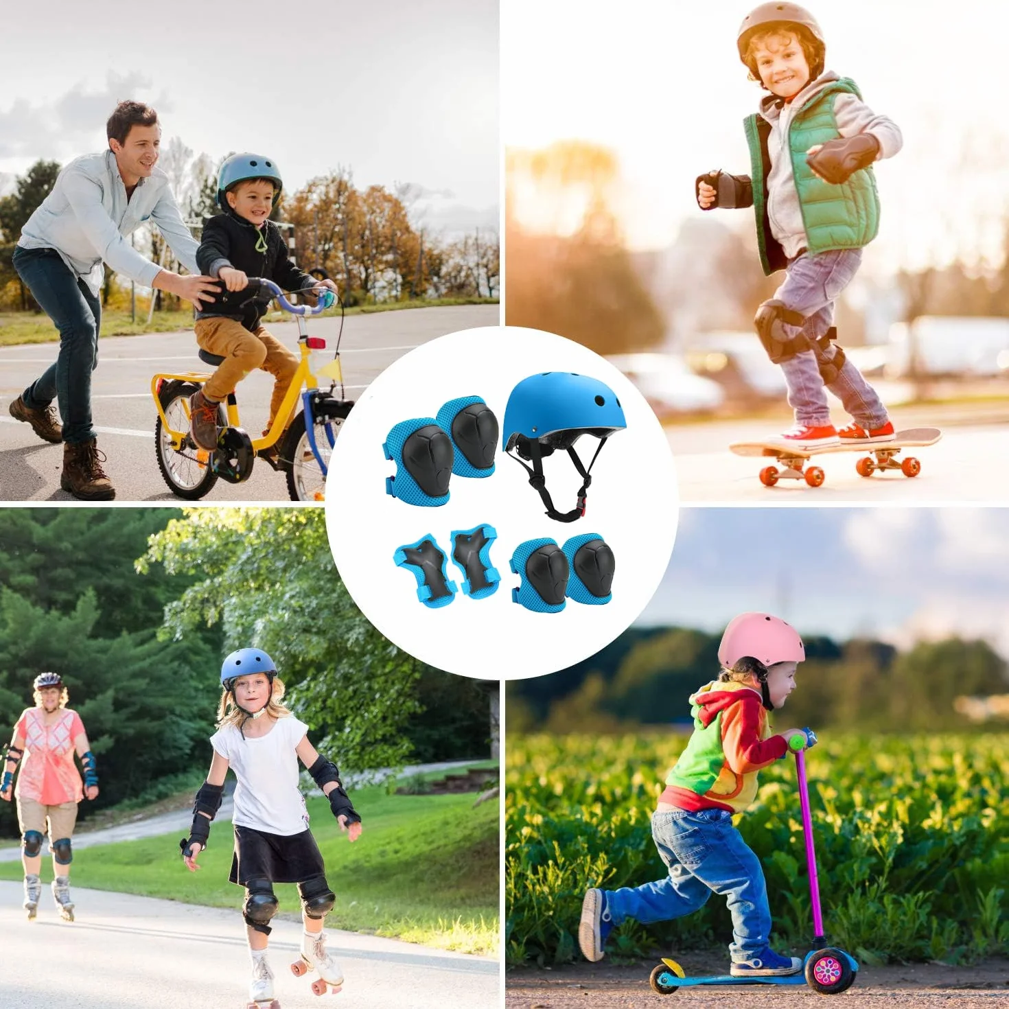 Juego de rodilleras y coderas para niños con casco, protección para monopatín y bicicleta