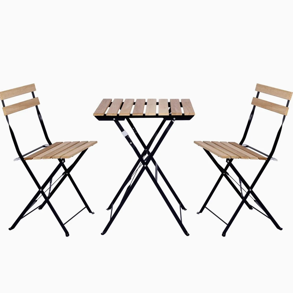 Set de 3 Muebles de Mesa y 2 Sillas Plegables de Metal y Madera para Jardín Exterior Estilo Retro