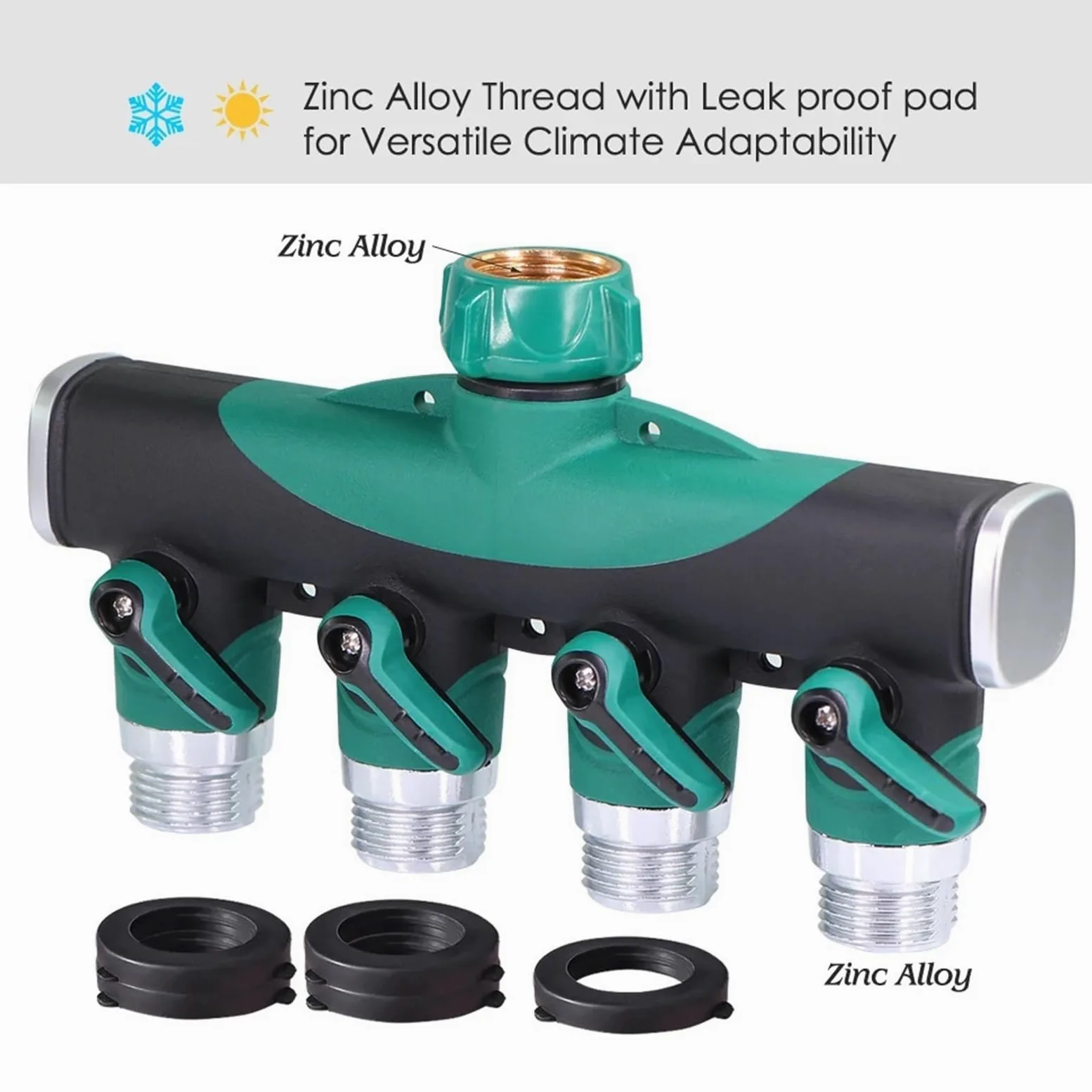 Divisores de Grifo Rosca 4 vías y 3/4 Pulgadas Metal Resistente con válvulas Cierre for Adaptador Manguera jardín Conectores Agua para JardíN(Green-BSP)