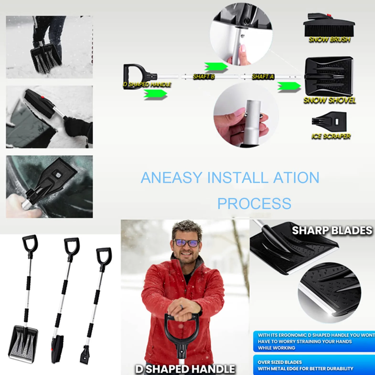 Juego de Pala de Nieve de Acero Inoxidable 3 en 1,Plegable Ajustable para Acampar al Aire Libre, para el Parque