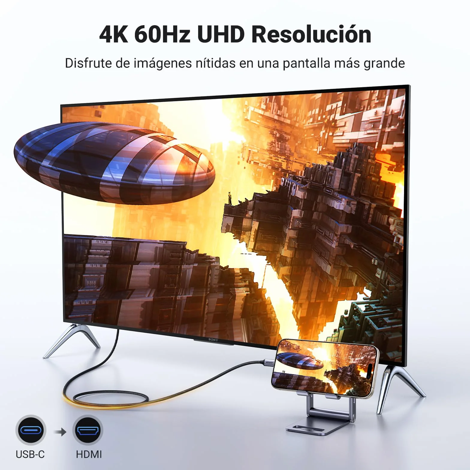 UGREEN Cable USB C a HDMI 4K@60Hz UHD USB 3.0 Adaptador Tipo C a HDMI Compatible con iPhone 17 Pro Max Mac mini M4 Pro Max iPad Pro Air Galaxy S24 2M