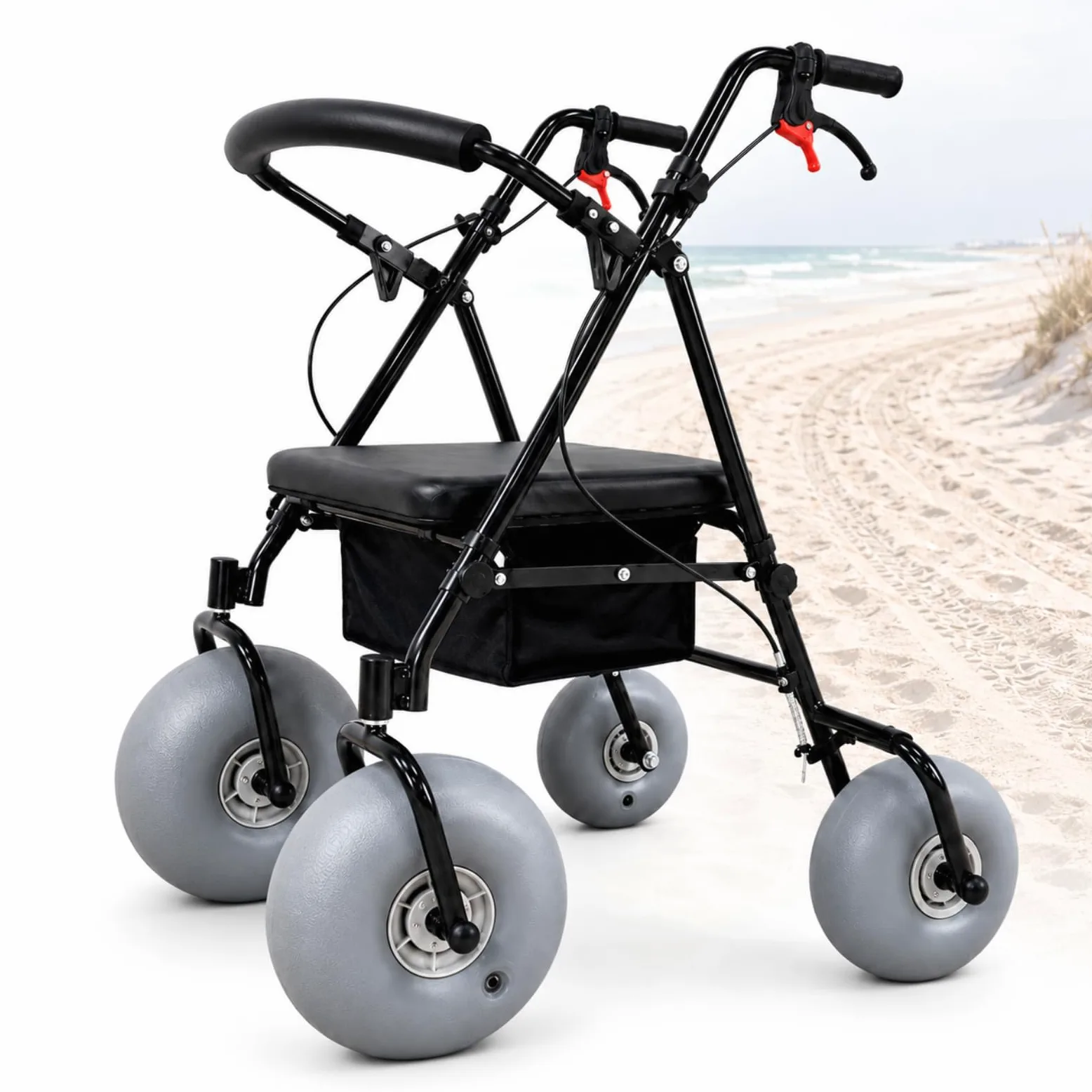 Silla De Ruedas De Playa con Neumáticos Anchos, Andador Todoterreno con Asas Ajustables, Asiento Impermeable Y Transpirable, Apto para Agua Salada Y con Capacidad para 100 Kg (220 LB) En Arena