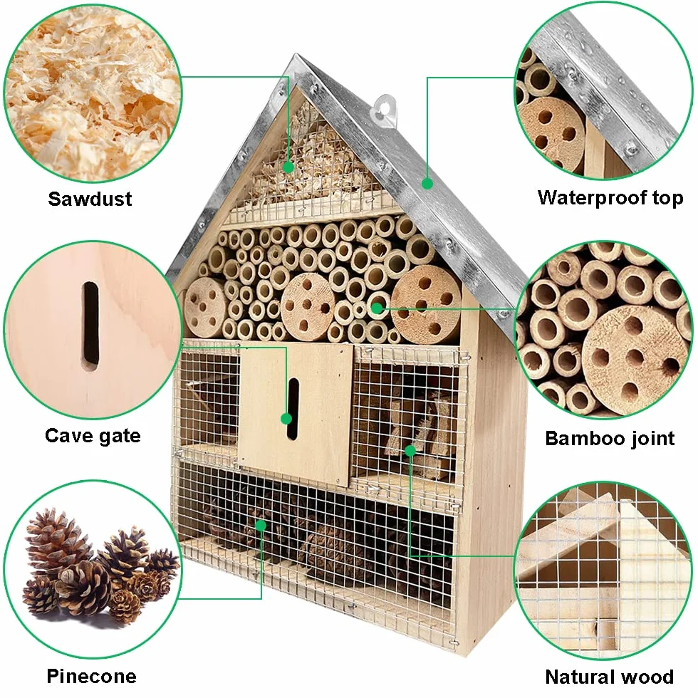 Hotel De Insectos para Exterior Colgar, Casa De Insectos De Madera para La Decoración del Jardín Arbol, Casita Insectos con Techo Metalico Y Gancho, para Abeja Mariposa Mariquitas Vivas Insectos