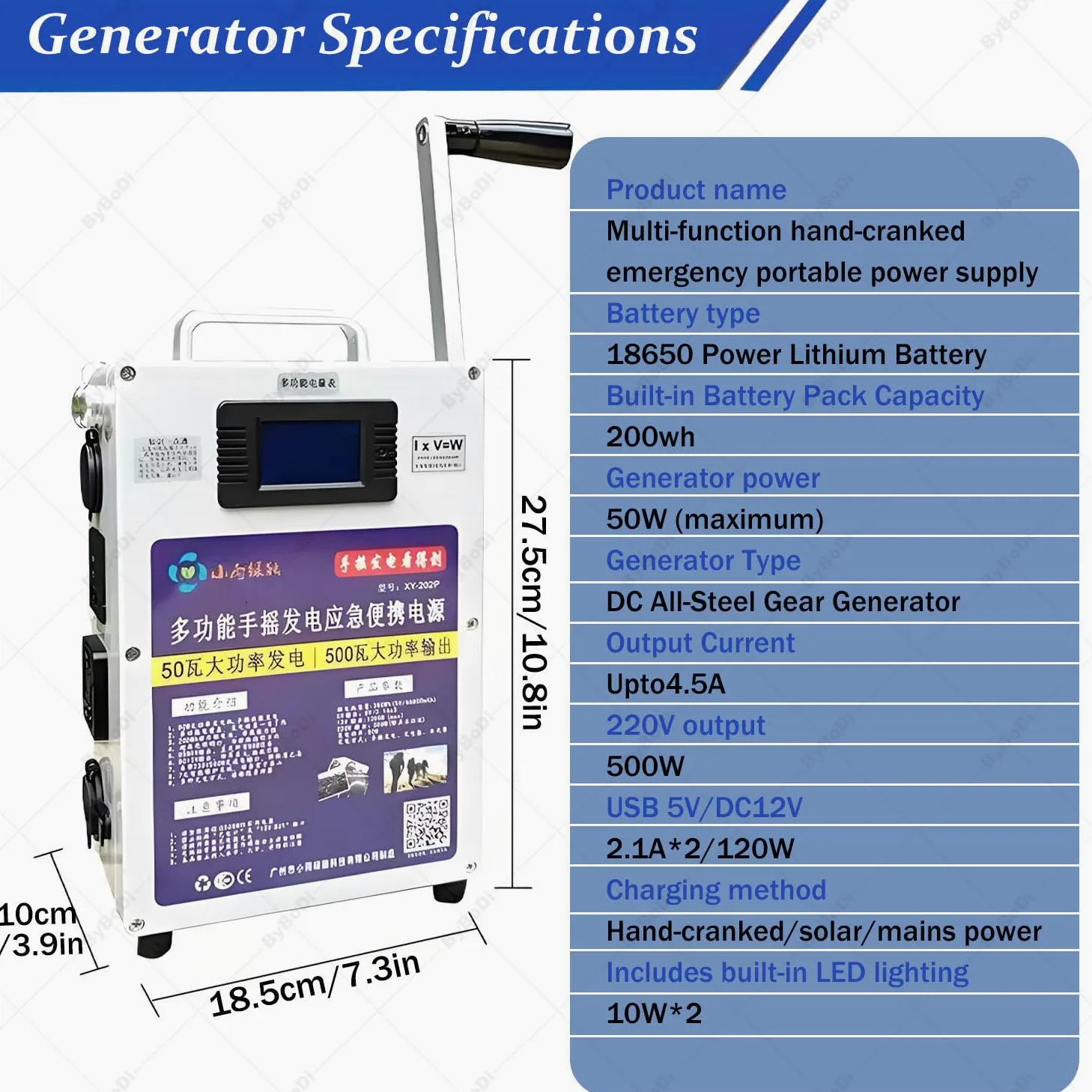 Generador portátil de manivela, generador de manivela de gran capacidad para exteriores de 500 W, generador de alta potencia de 12 V para exteriores, generador eléctrico de emergencia para acampar